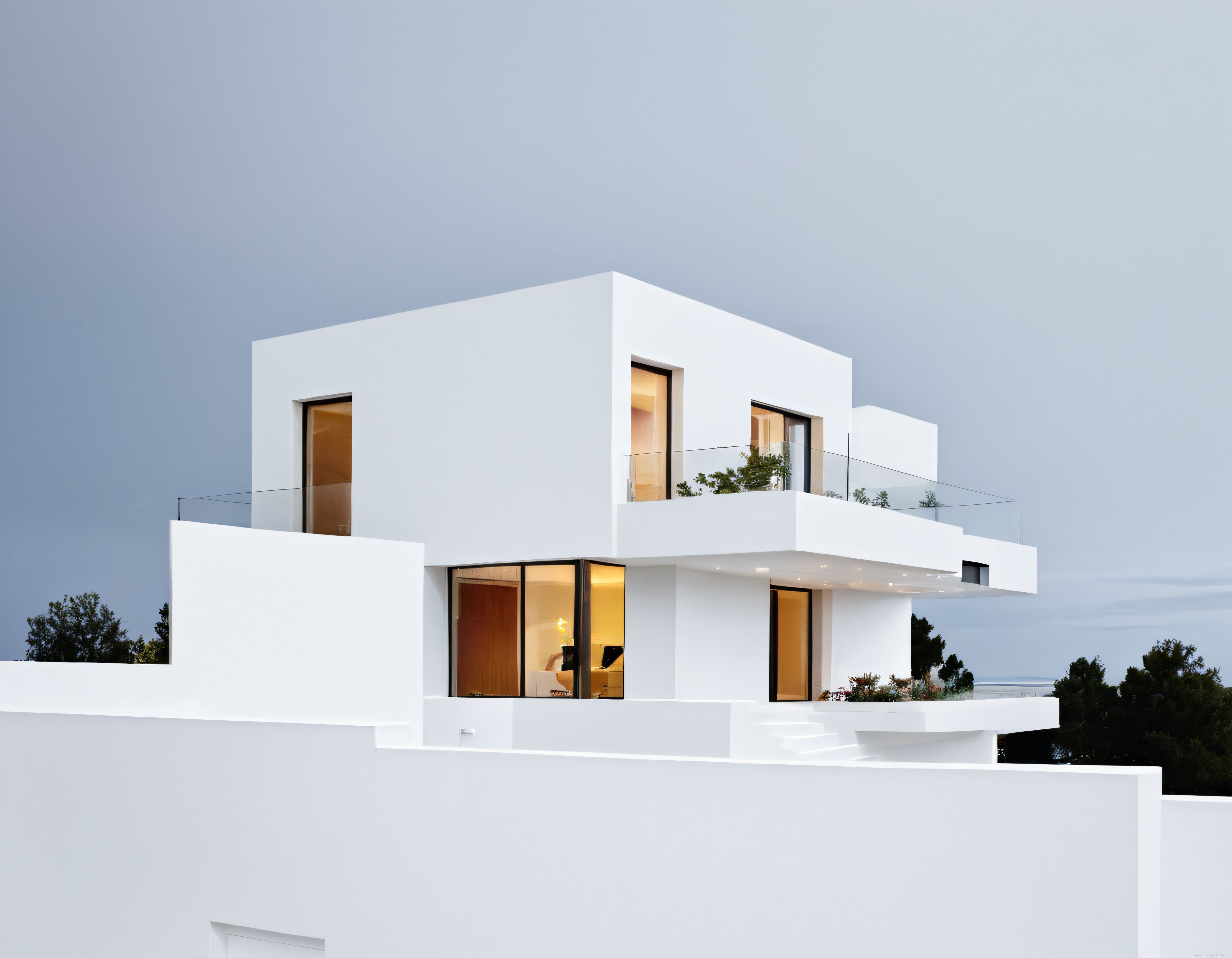 Alacakaranlık Gökyüzünde Geometrik Hatlarıyla Modern Beyaz Villa Tasarımı
