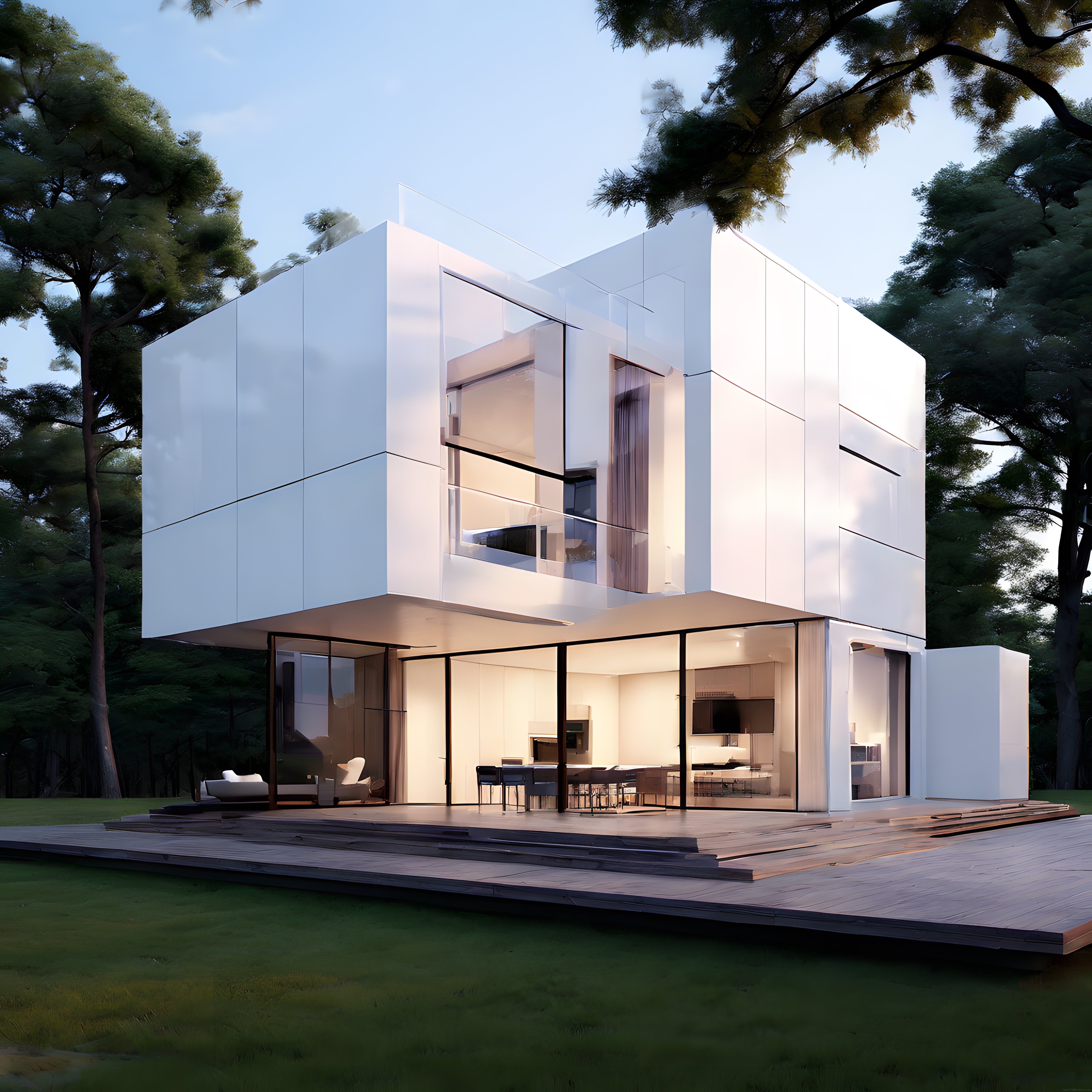 Alacakaranlık Işığında Doğanın Ortasında Yükselen Minimalist Beyaz Ev