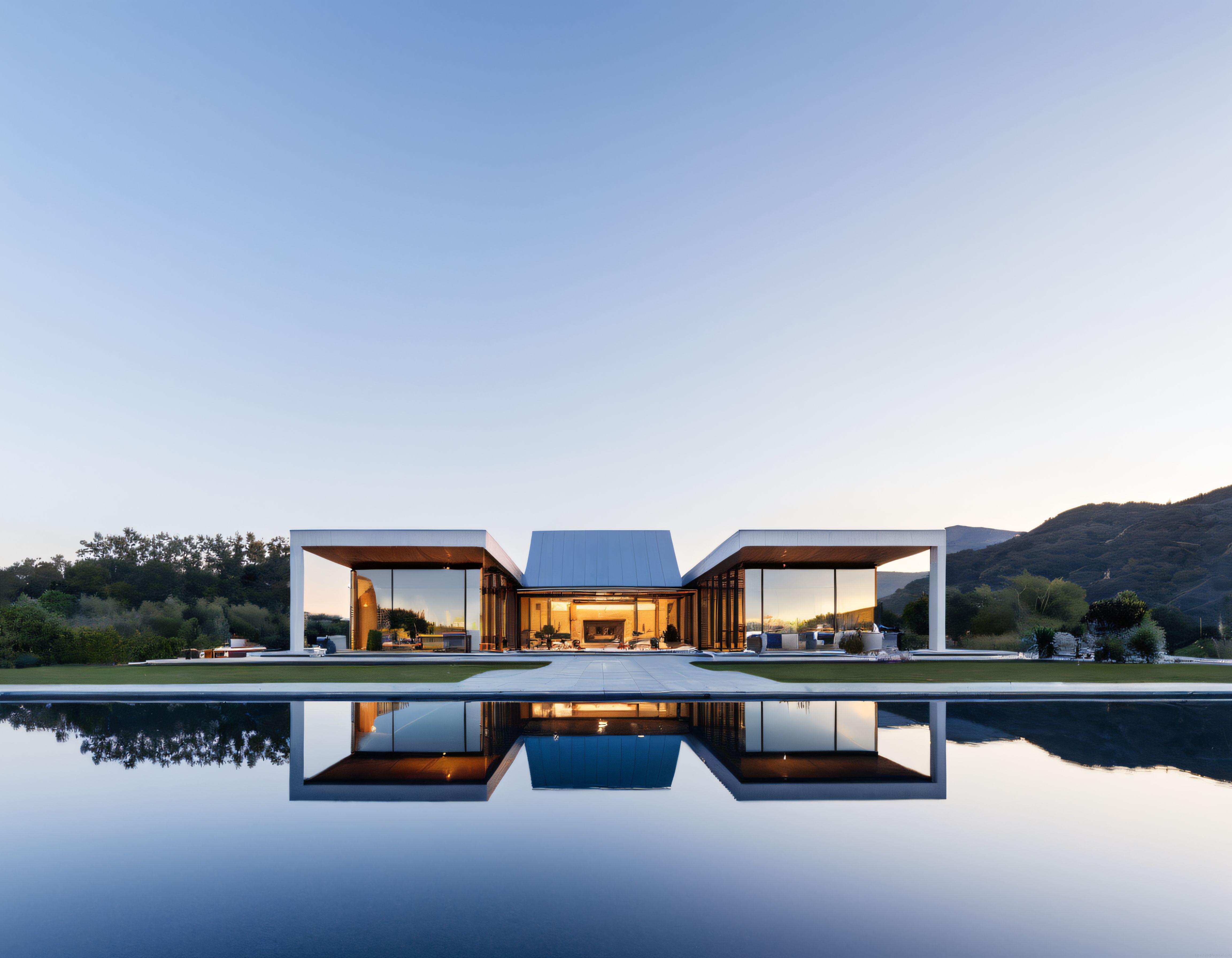 Alacakaranlık Işığında Havuz Yansımalı Modern Villa ve Dağ Manzarası