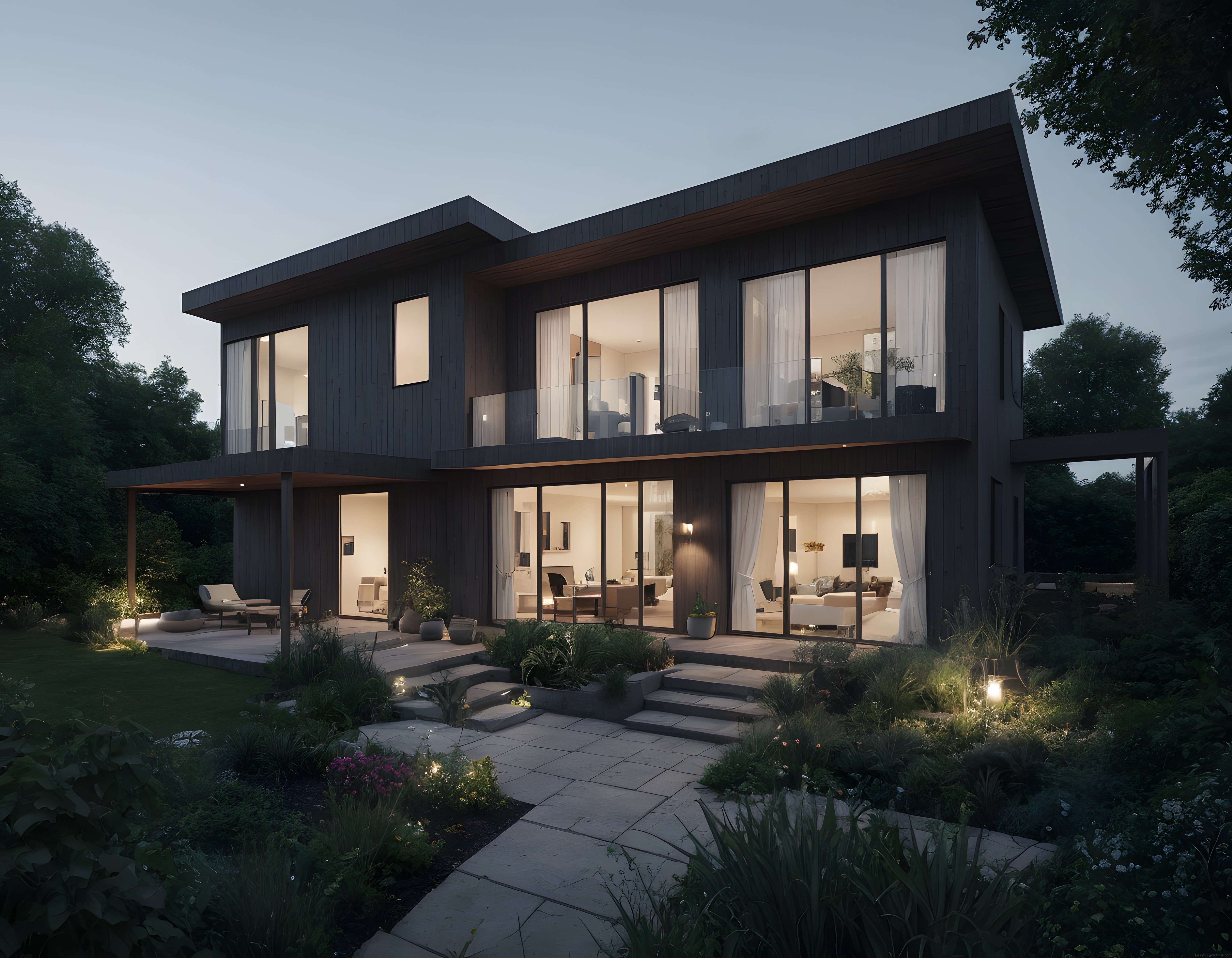 Alacakaranlık Işığında Modern Lüks Villa ve Peyzajlı Bahçe Tasarımı