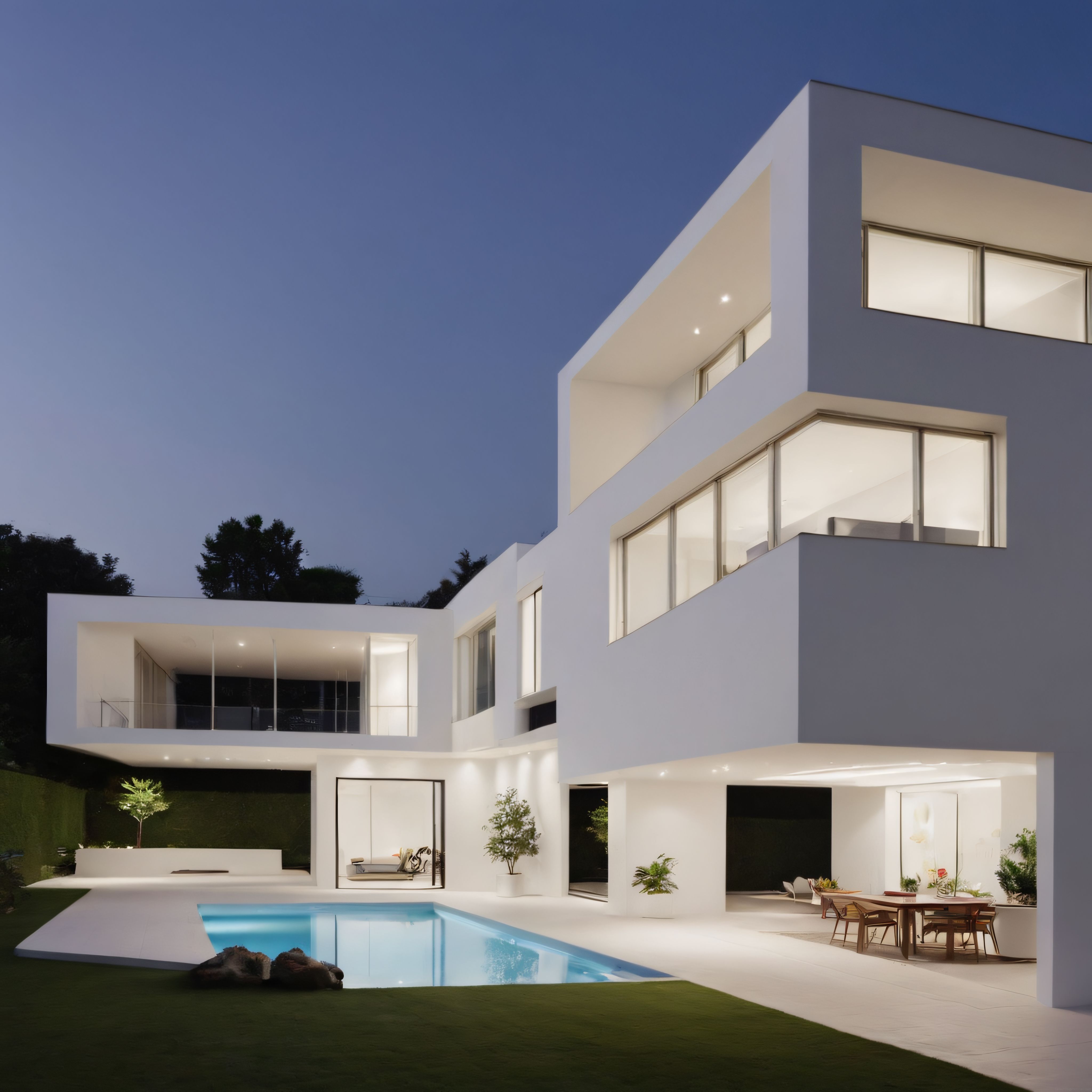 Alacakaranlık Mavisi Eşliğinde Modern Beyaz Villa ve Işıklı Havuz