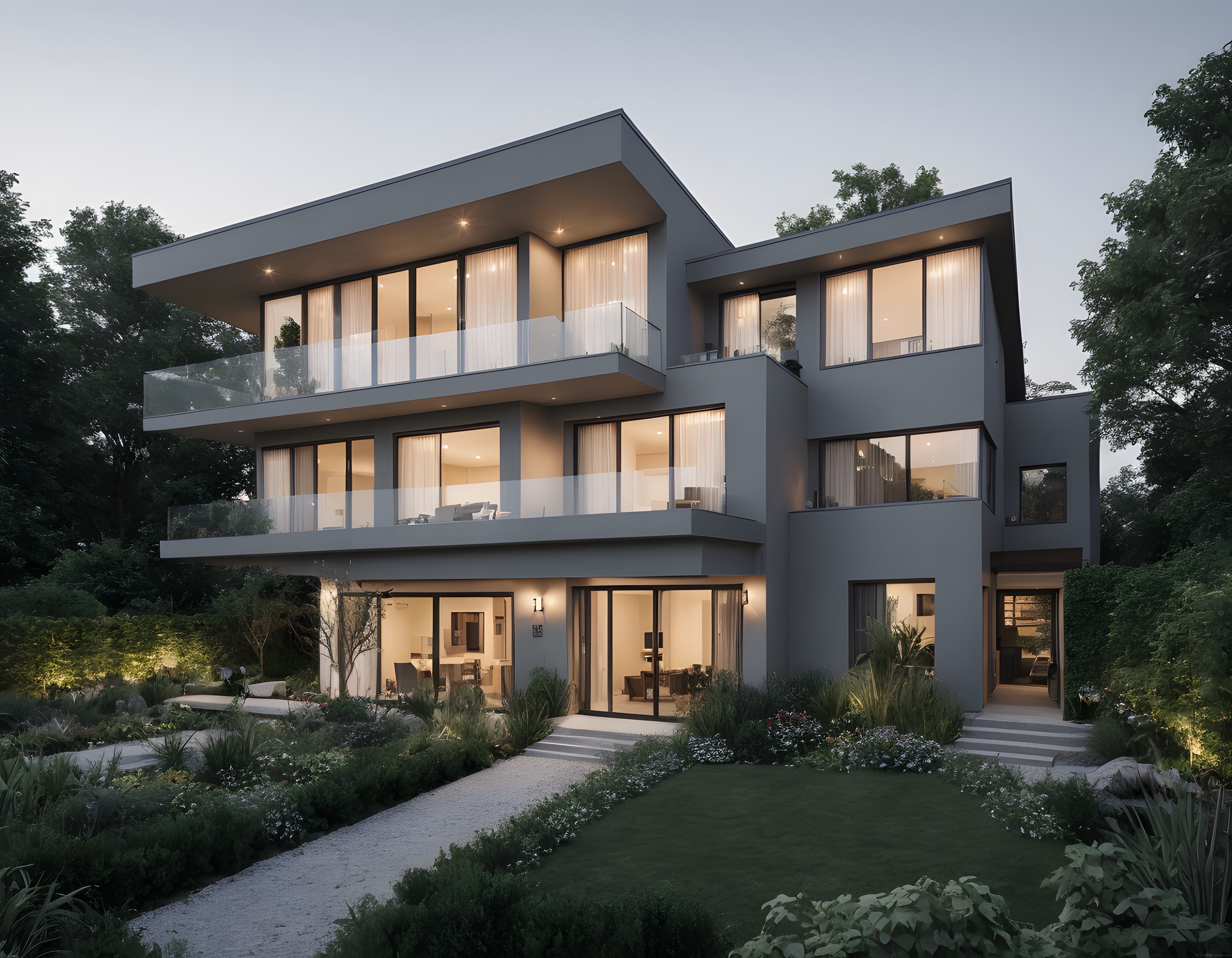 Alacakaranlık Vaktinde Işıklarıyla Büyüleyen Modern Villa ve Peyzaj Bahçesi
