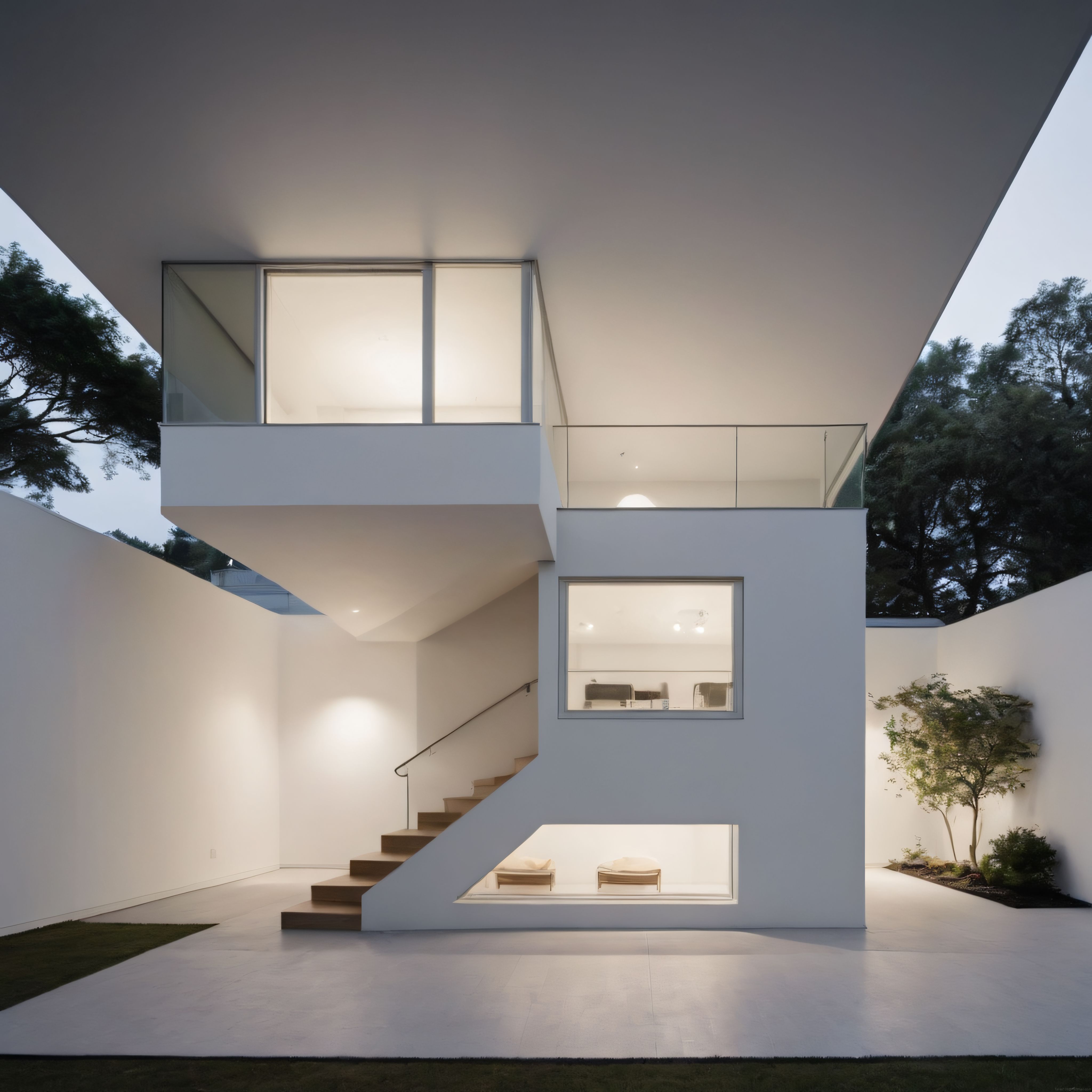 Alacakaranlık vaktinde ışıldayan geometrik hatlı minimalist beyaz villa tasarımı