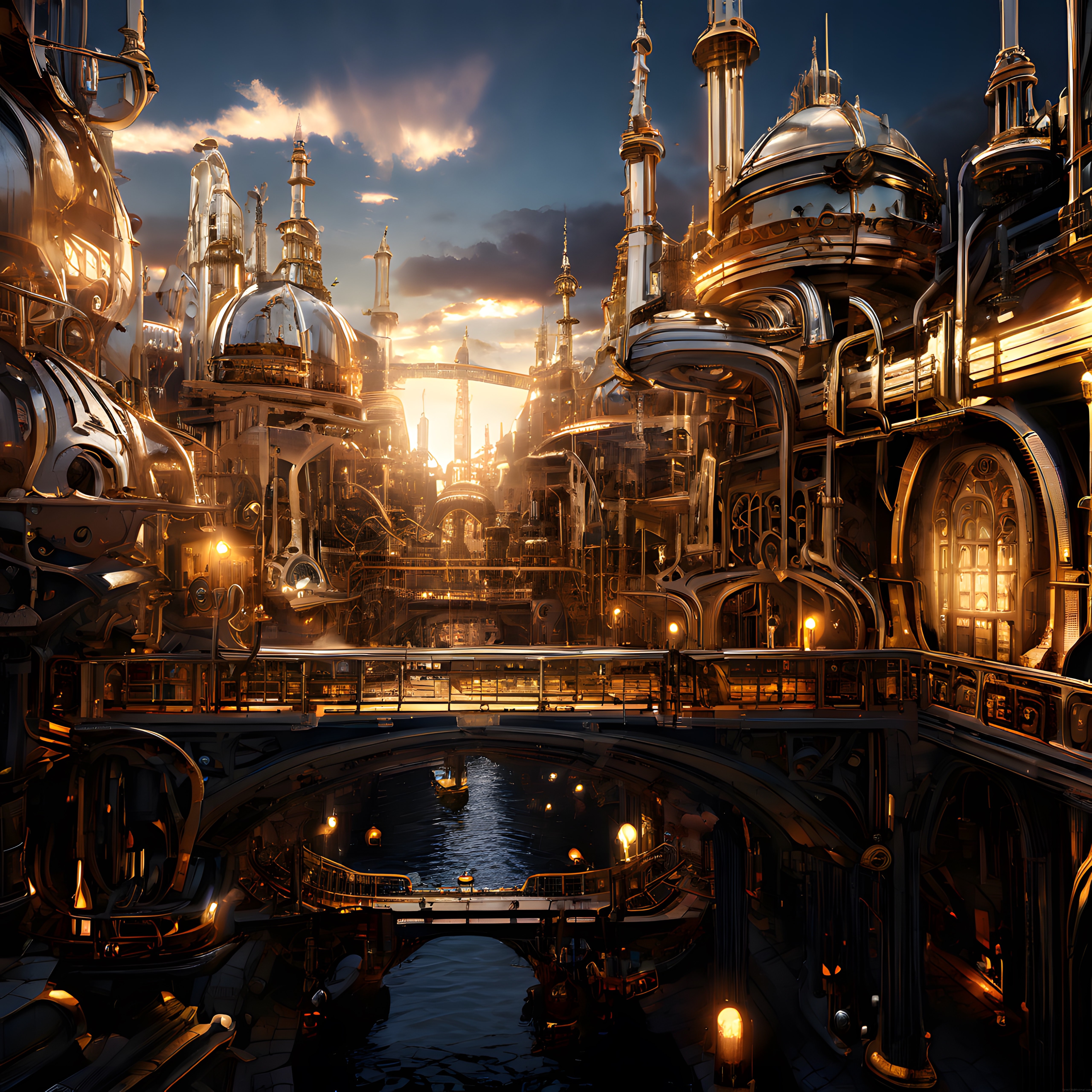 Alacakaranlıkta Altın Işıklı Steampunk Utopia Şehri Dijital Sanat