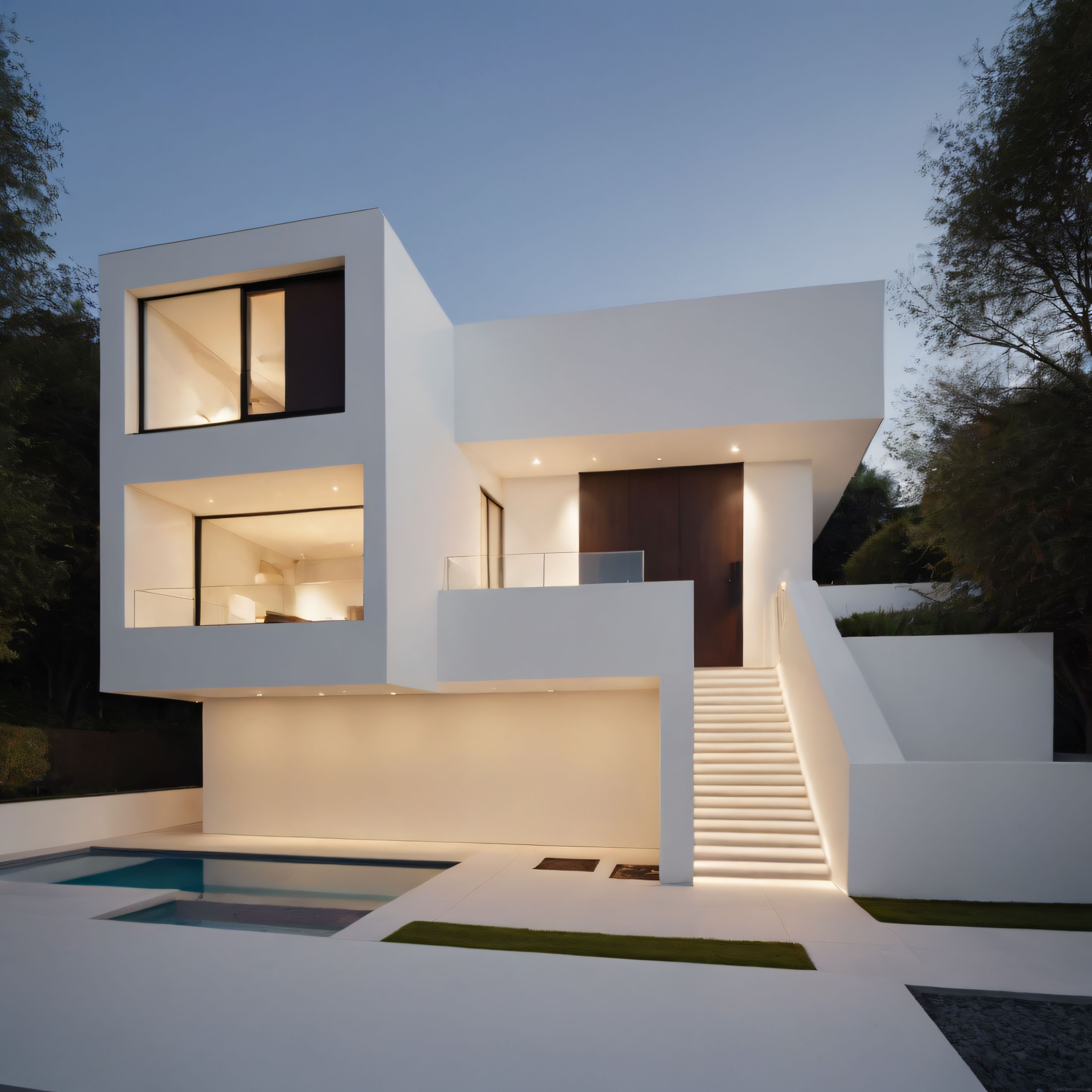 Alacakaranlıkta Aydınlatmalı Merdivenleriyle Modern Minimalist Villa Tasarımı