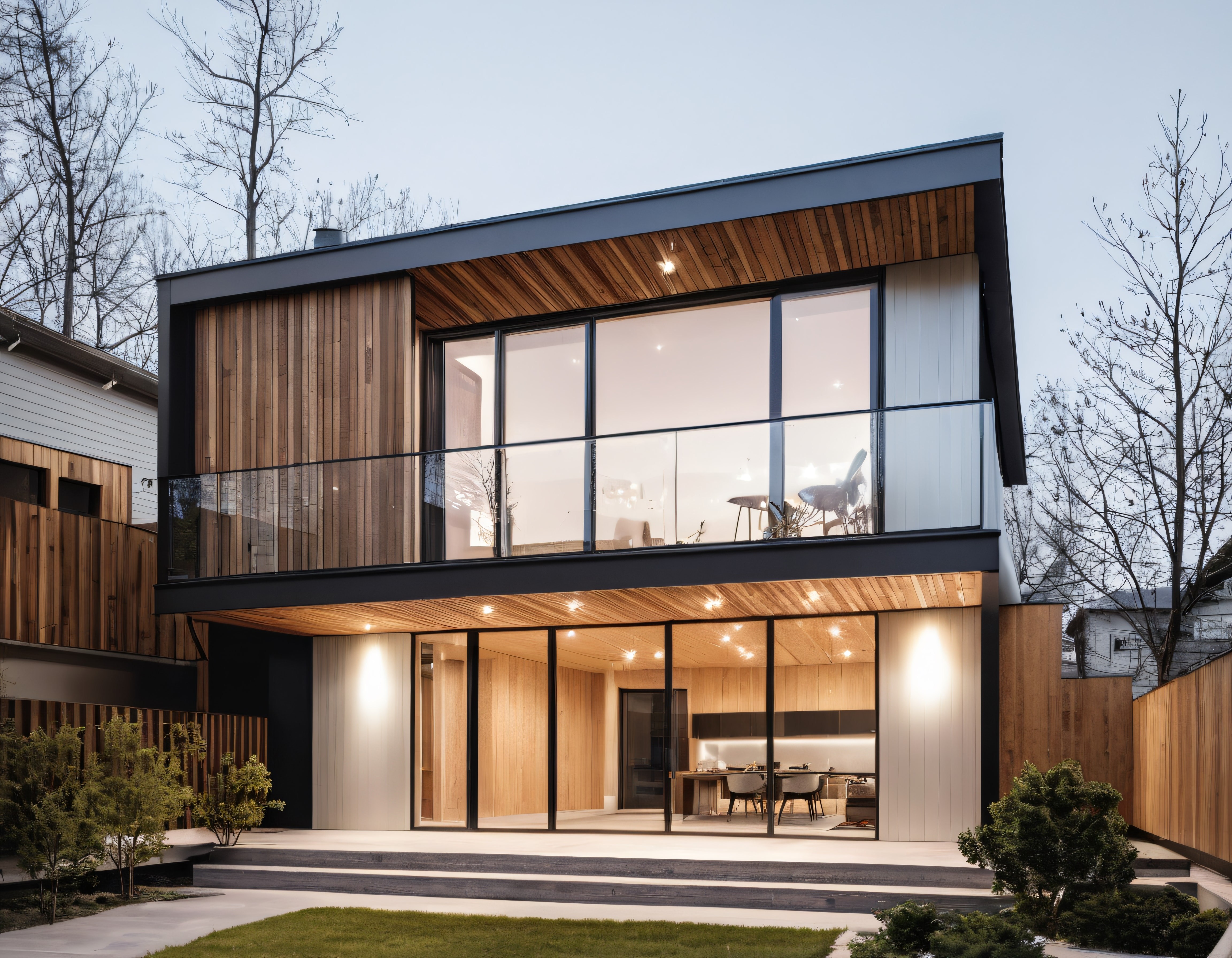 Alacakaranlıkta Büyüleyici Işıklarıyla Modern Ahşap ve Cam Villa Tasarımı