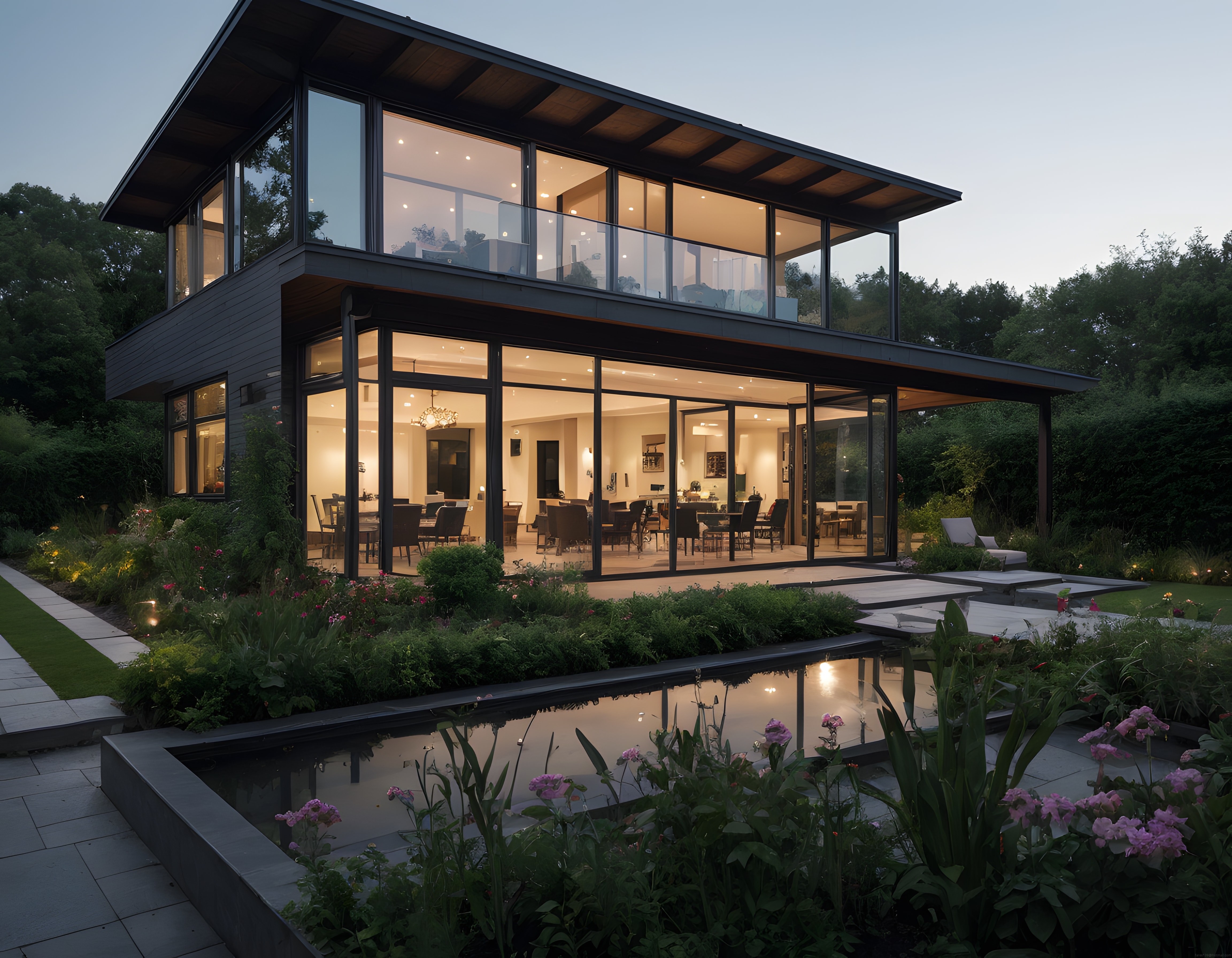 Alacakaranlıkta Cam Cepheli Modern Lüks Villa ve Yemyeşil Bahçe Tasarımı