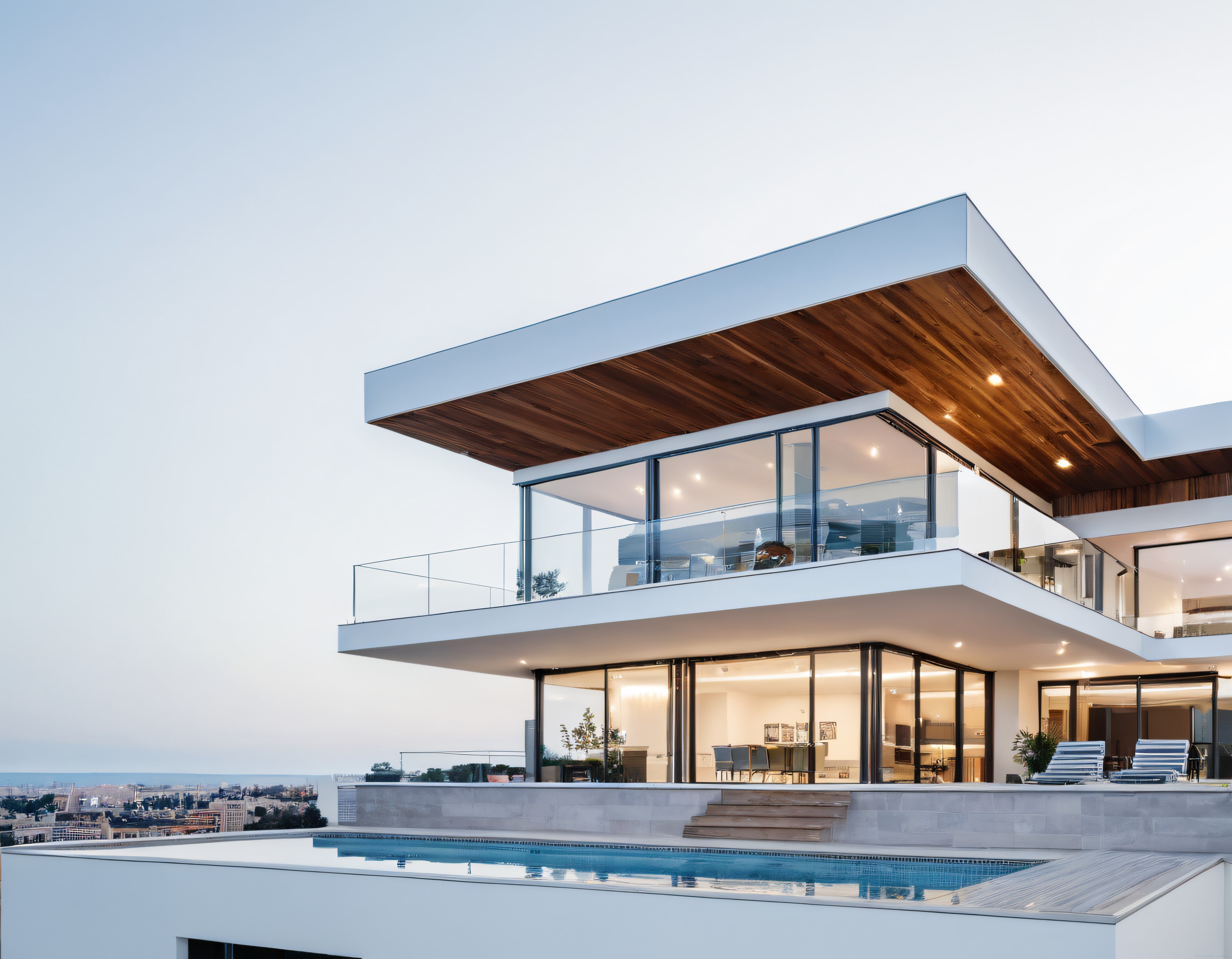 Alacakaranlıkta Cam Cepheli Modern Villa, Teras Havuz ve Şehir Manzarası