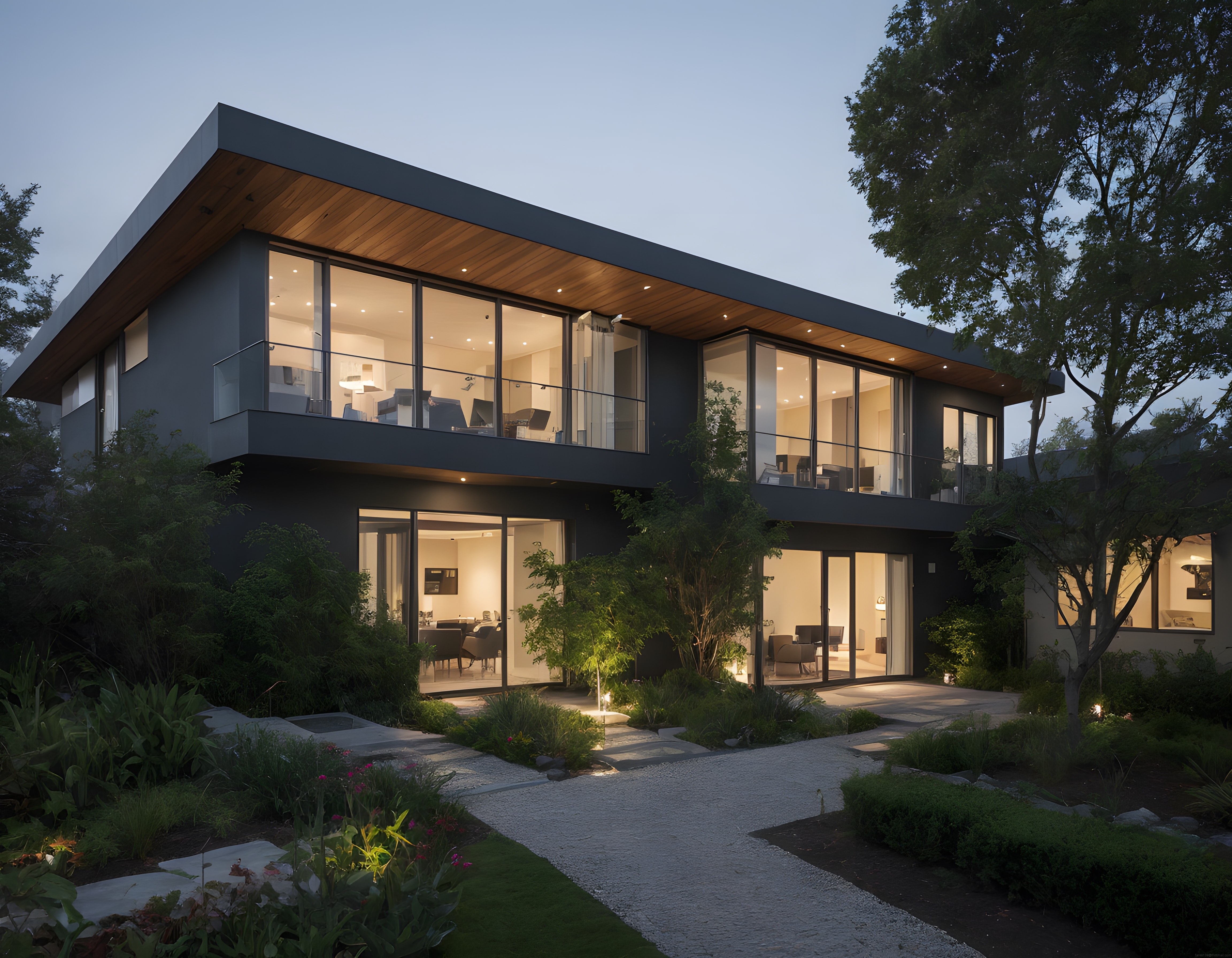 Alacakaranlıkta Cam Cepheli Modern Villa ve Doğal Peyzajın Uyumu