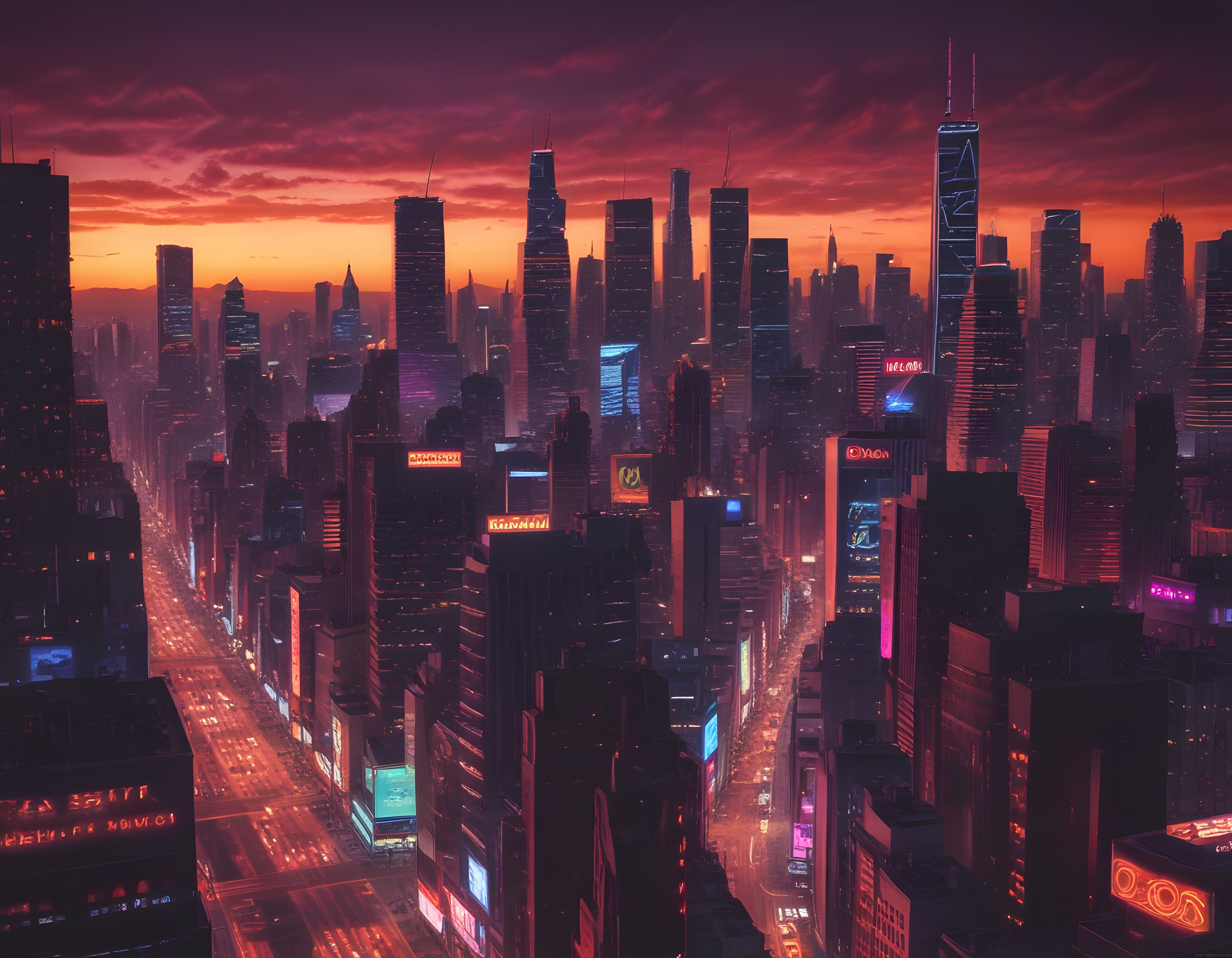 Alacakaranlıkta Cyberpunk Atmosferli Neon Şehir ve Gökdelen Manzarası