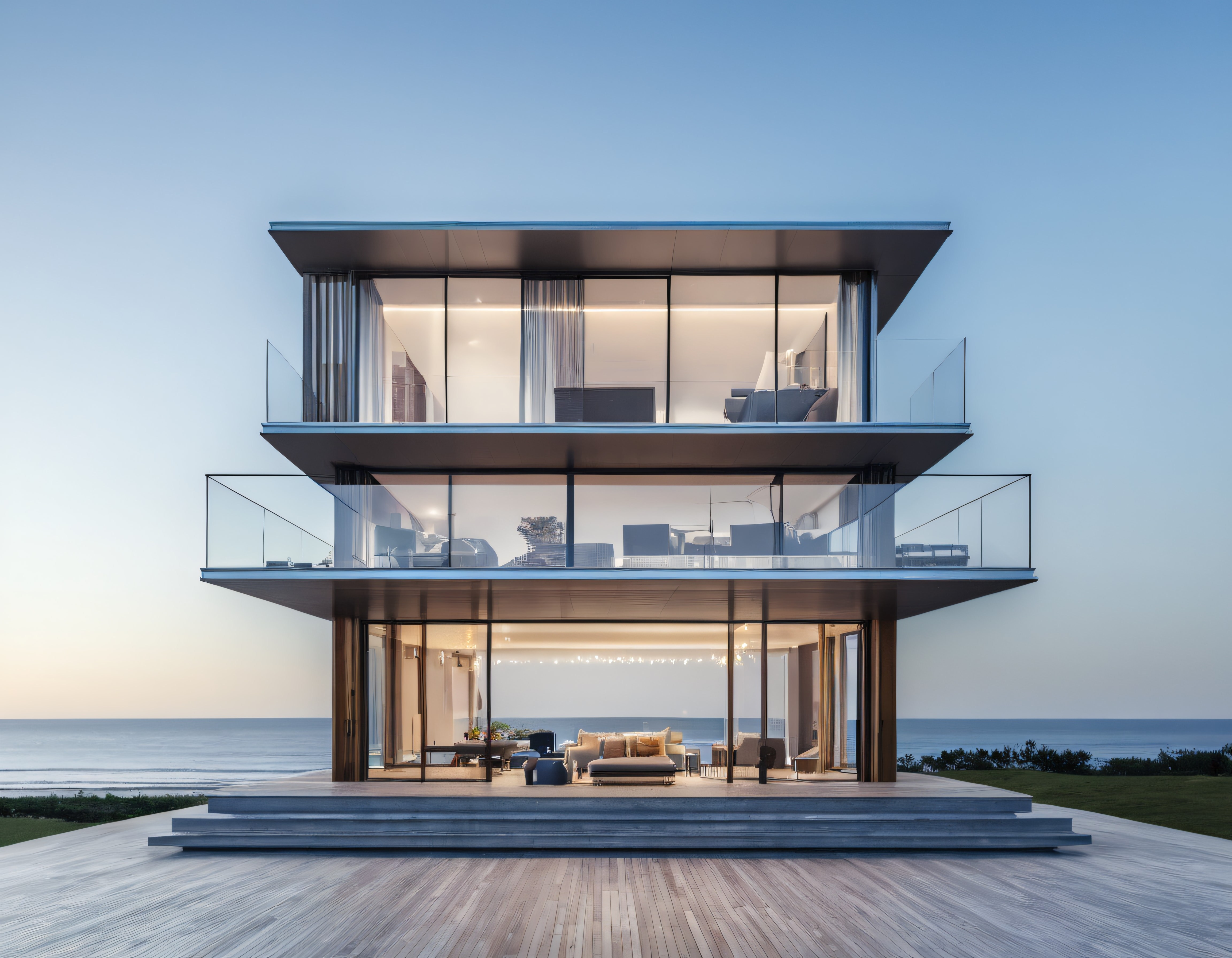 Alacakaranlıkta Deniz Manzaralı Çağdaş Üç Katlı Cam Cepheli Villa