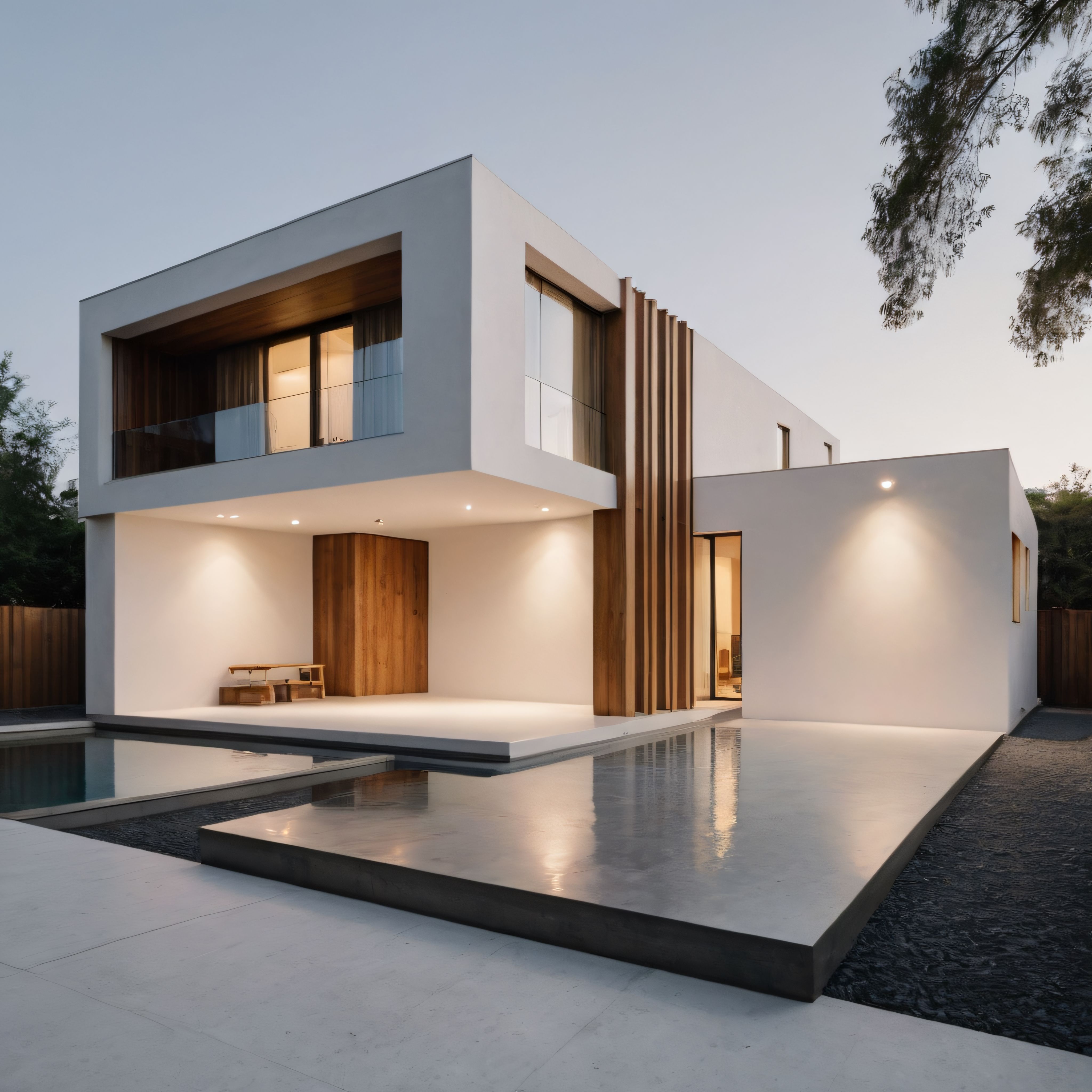 Alacakaranlıkta Havuz Kenarı Modern Minimalist Villa ve Ahşap Cephe