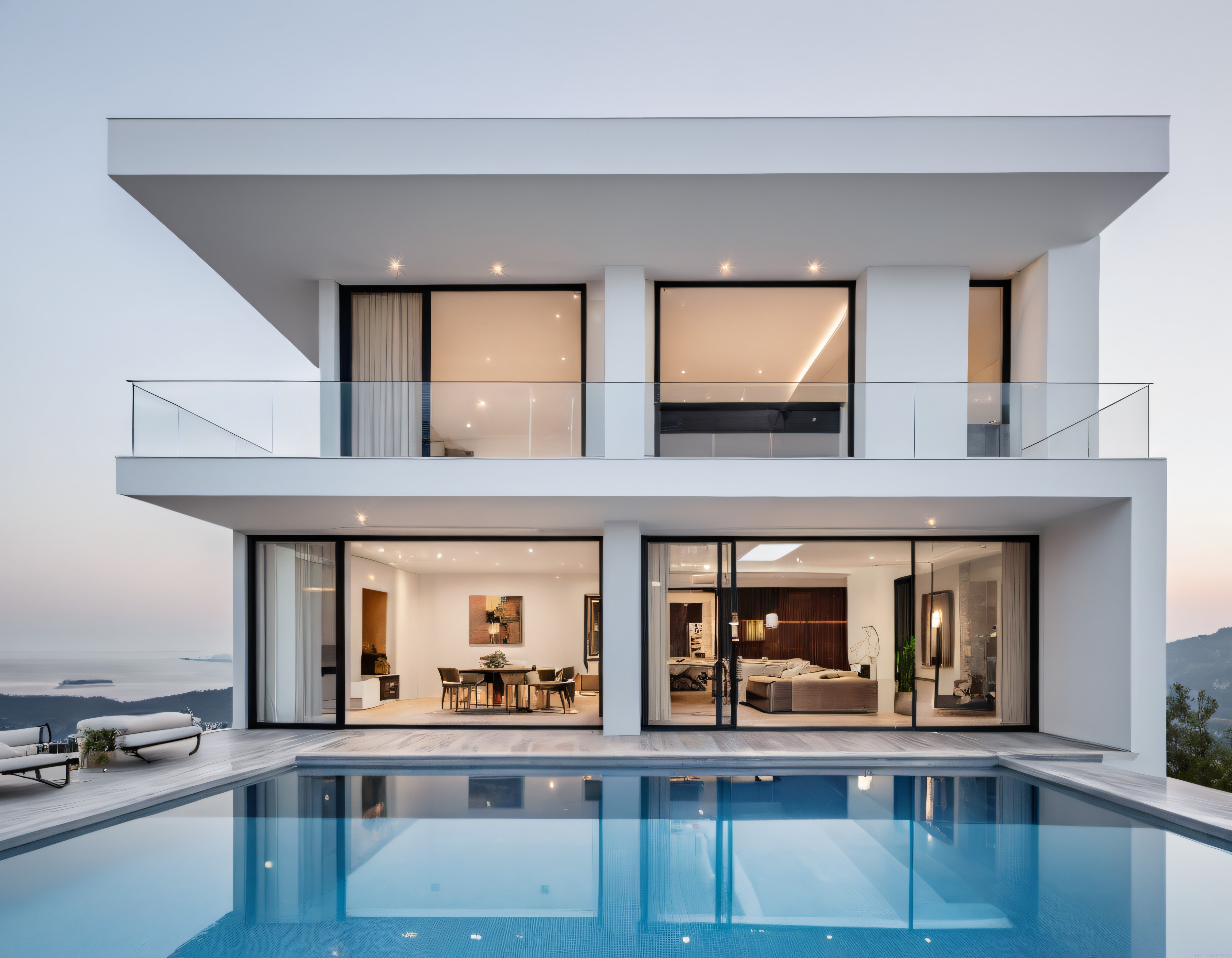 Alacakaranlıkta Infinity Havuzlu Lüks Modern Villa ve Panoramik Cam Cephe
