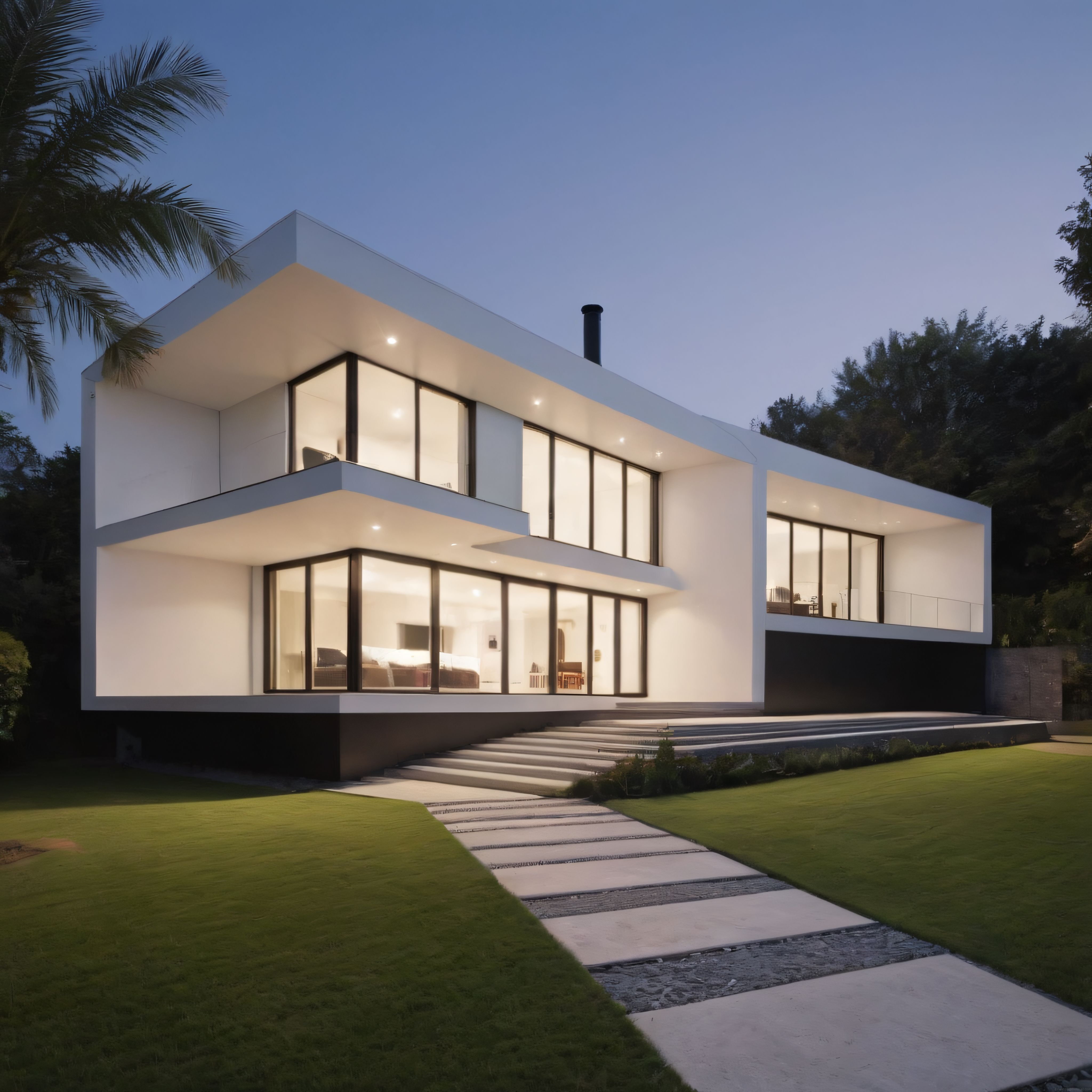 Alacakaranlıkta Işıklandırılmış Modern Lüks Villa ve Zen Bahçe Manzarası