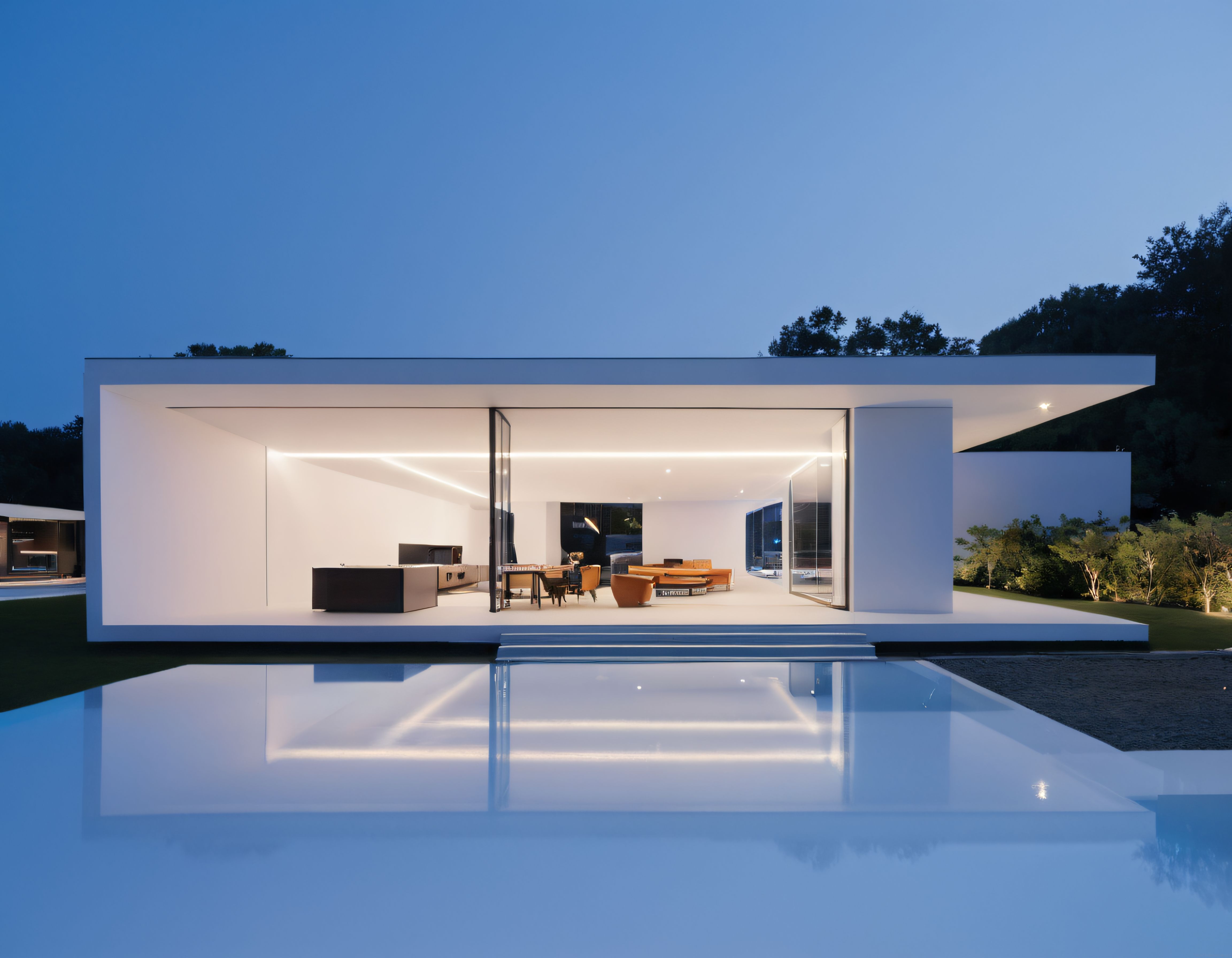 Alacakaranlıkta Işıklandırılmış Modern Minimalist Villa ve Sonsuz Havuz Yansıması