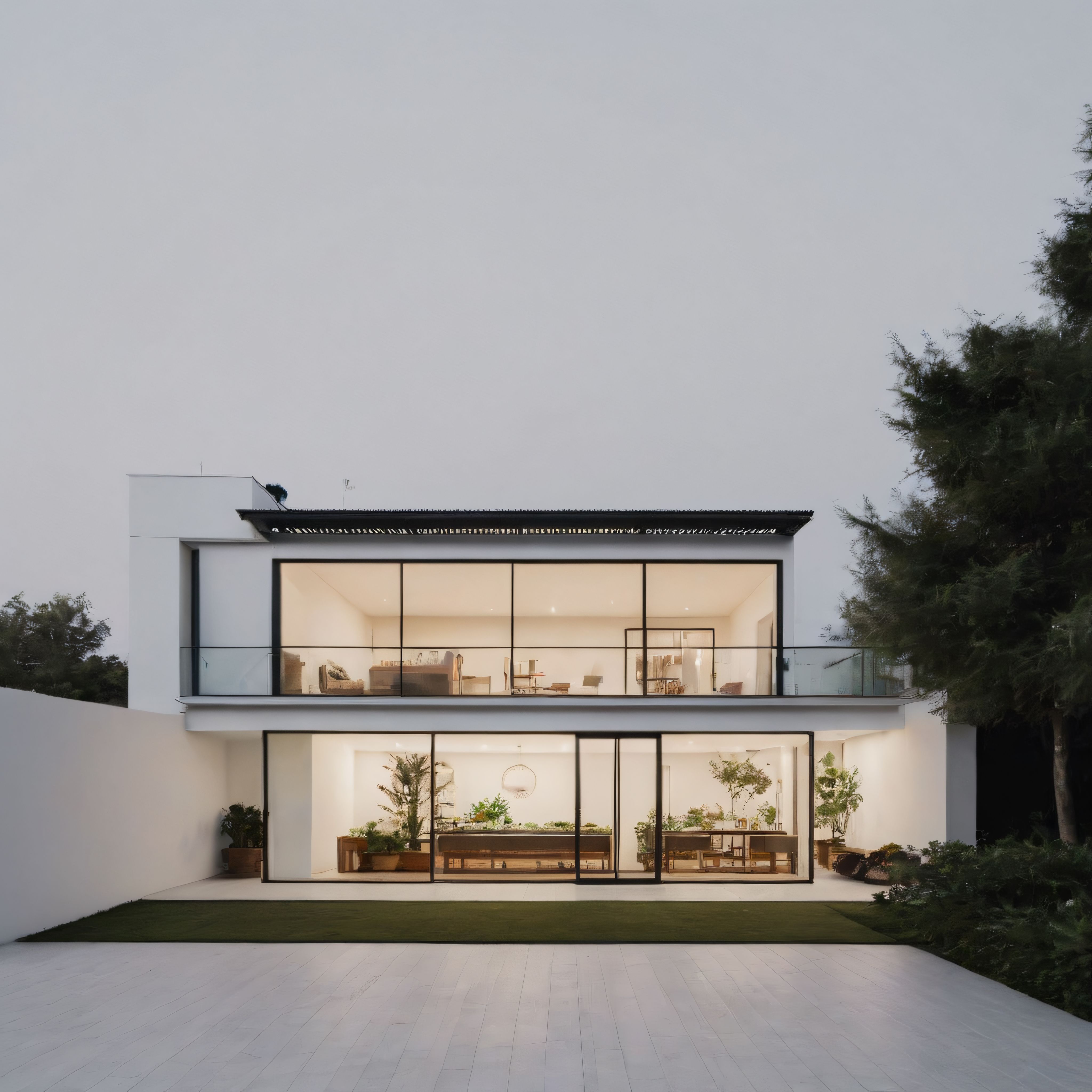 Alacakaranlıkta Işıklandırılmış Modern Villa ve Geniş Camlı Lüks Konut