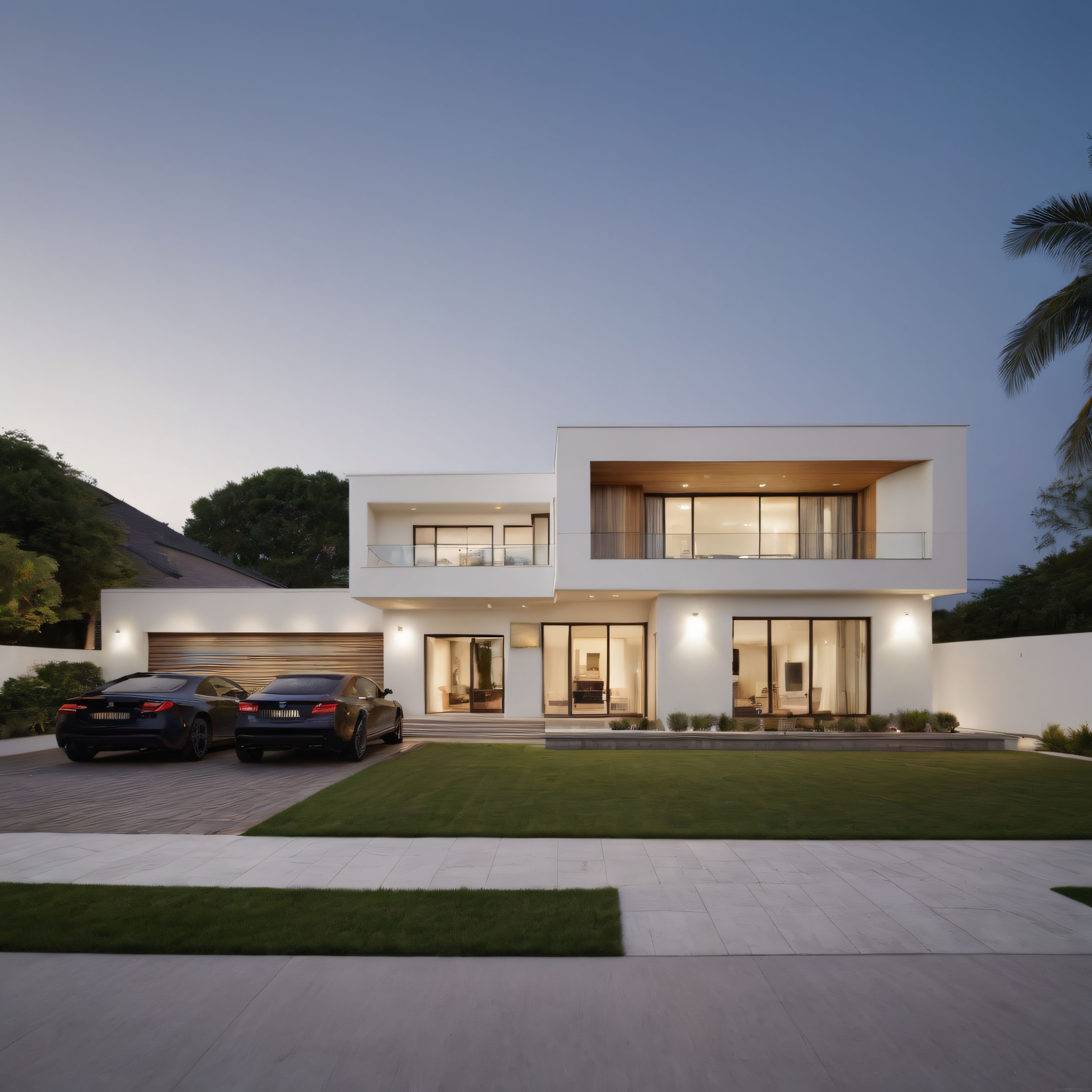 Alacakaranlıkta ışıklandırılmış panoramik cam cepheli modern lüks villa