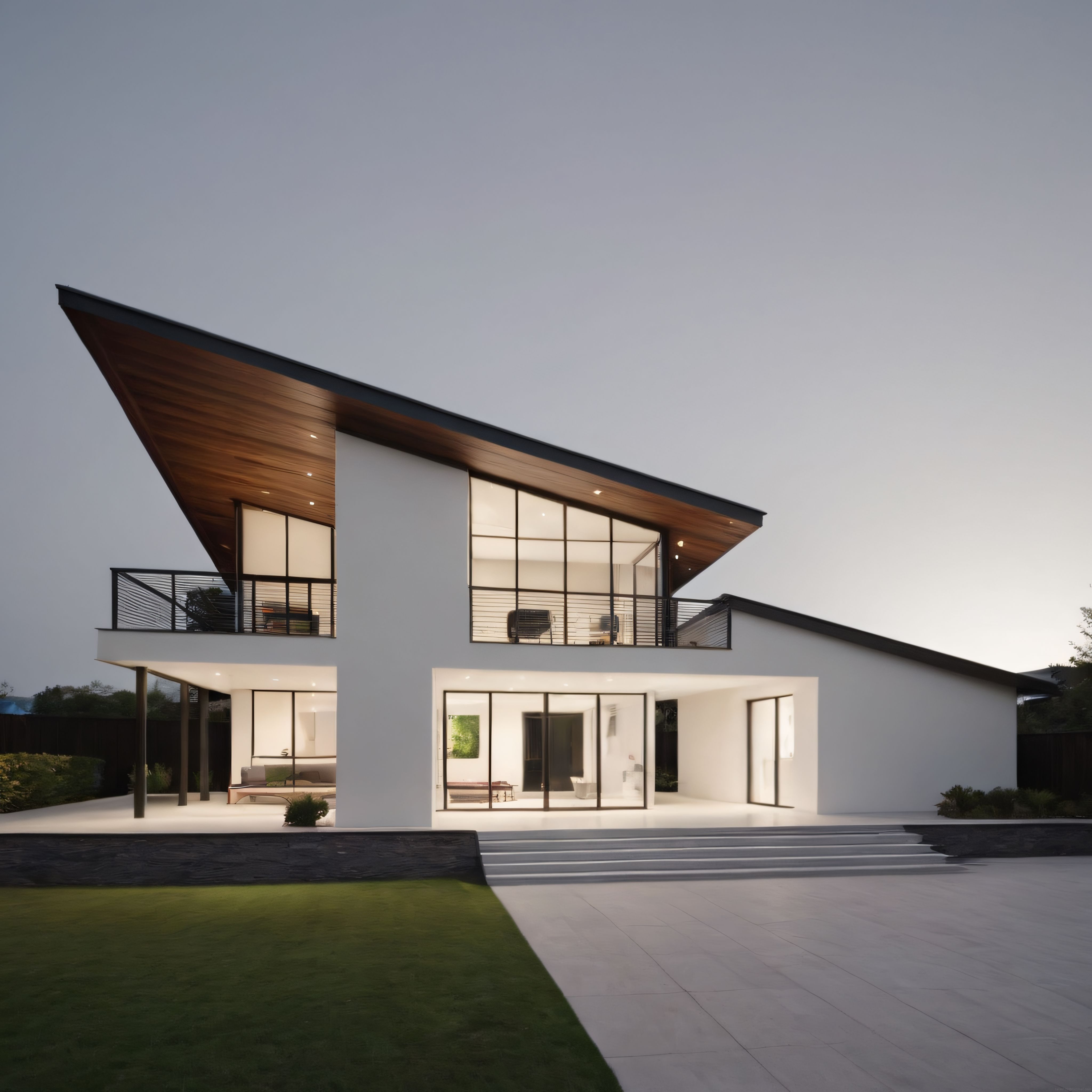 Alacakaranlıkta Işıklı Eğimli Ahşap Çatılı Modern Villa Mimarisi Örneği