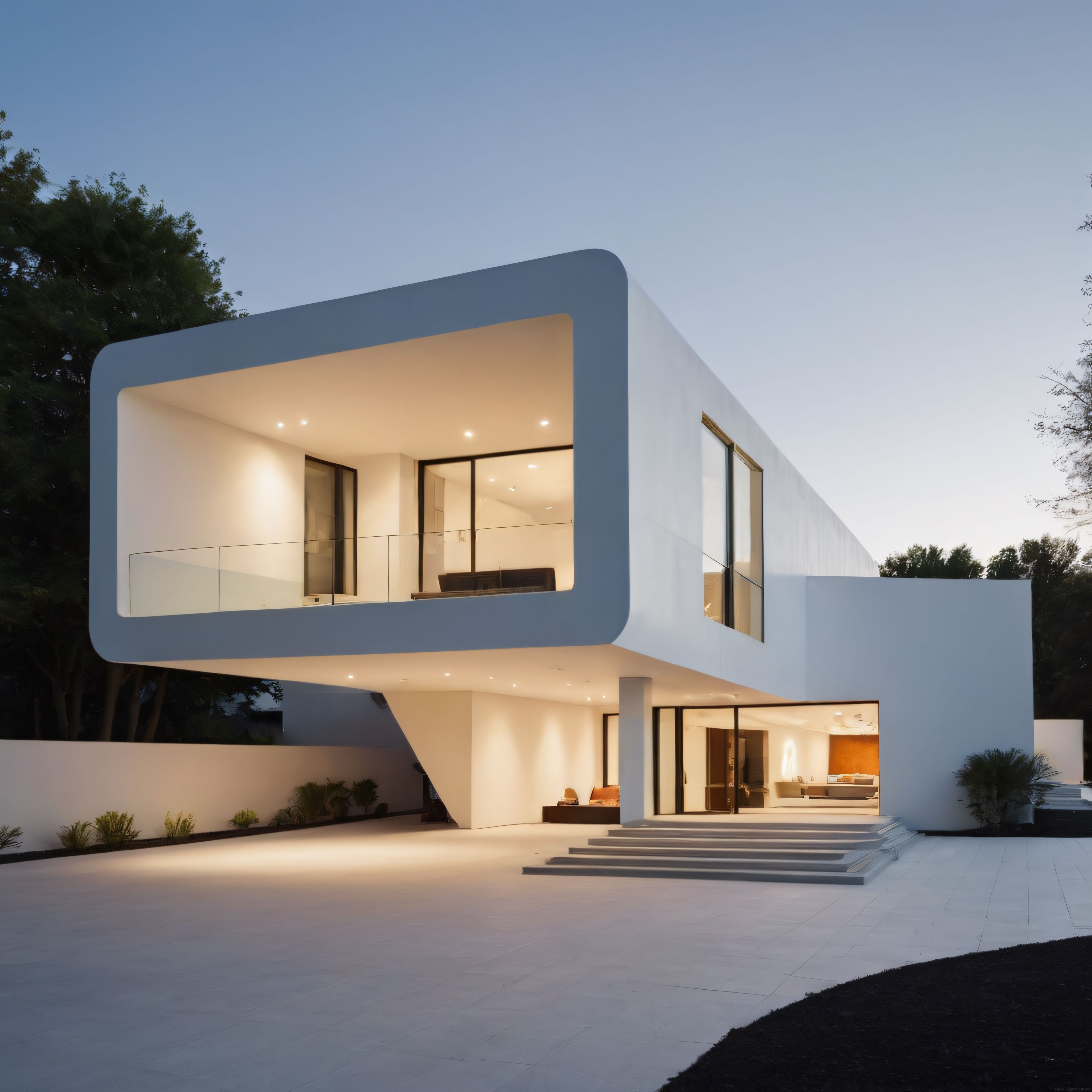 Alacakaranlıkta Işıldayan Modern Minimalist Villa ve Çarpıcı Geometrik Mimari