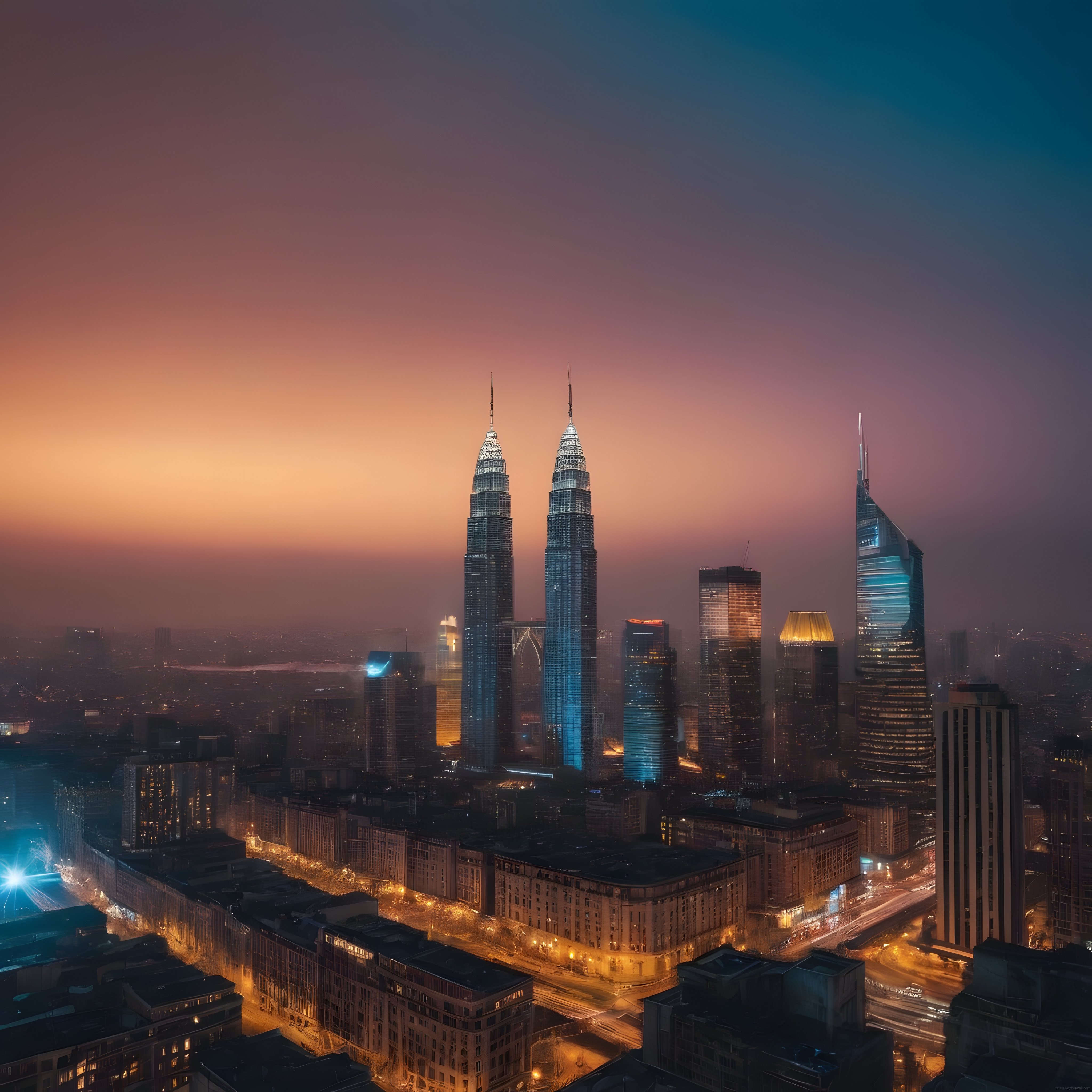 Alacakaranlıkta Kuala Lumpur Petronas Kuleleri Şehir Panoraması