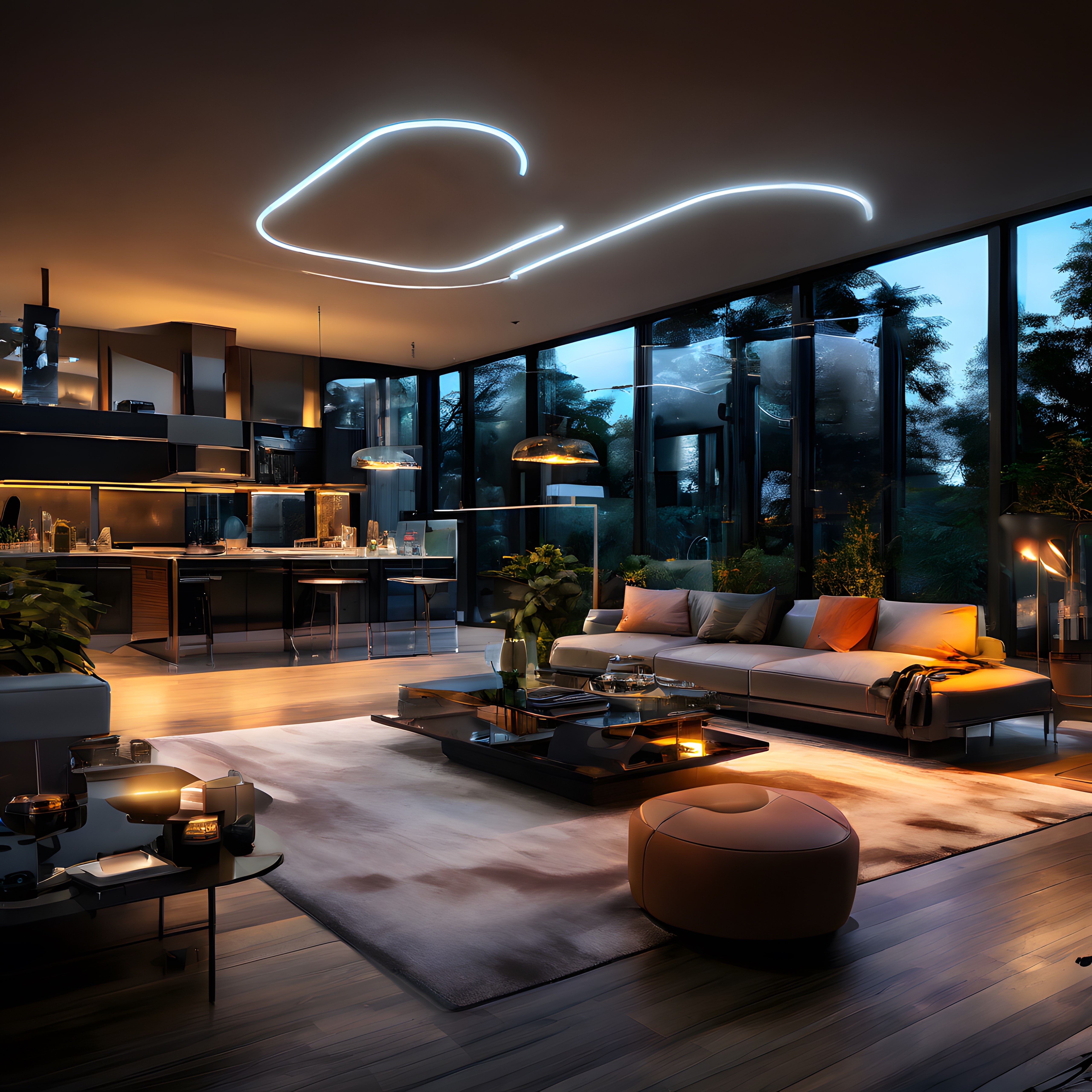 Alacakaranlıkta lüks villa iç mekanı, modern oturma odası ve mutfak tasarımı