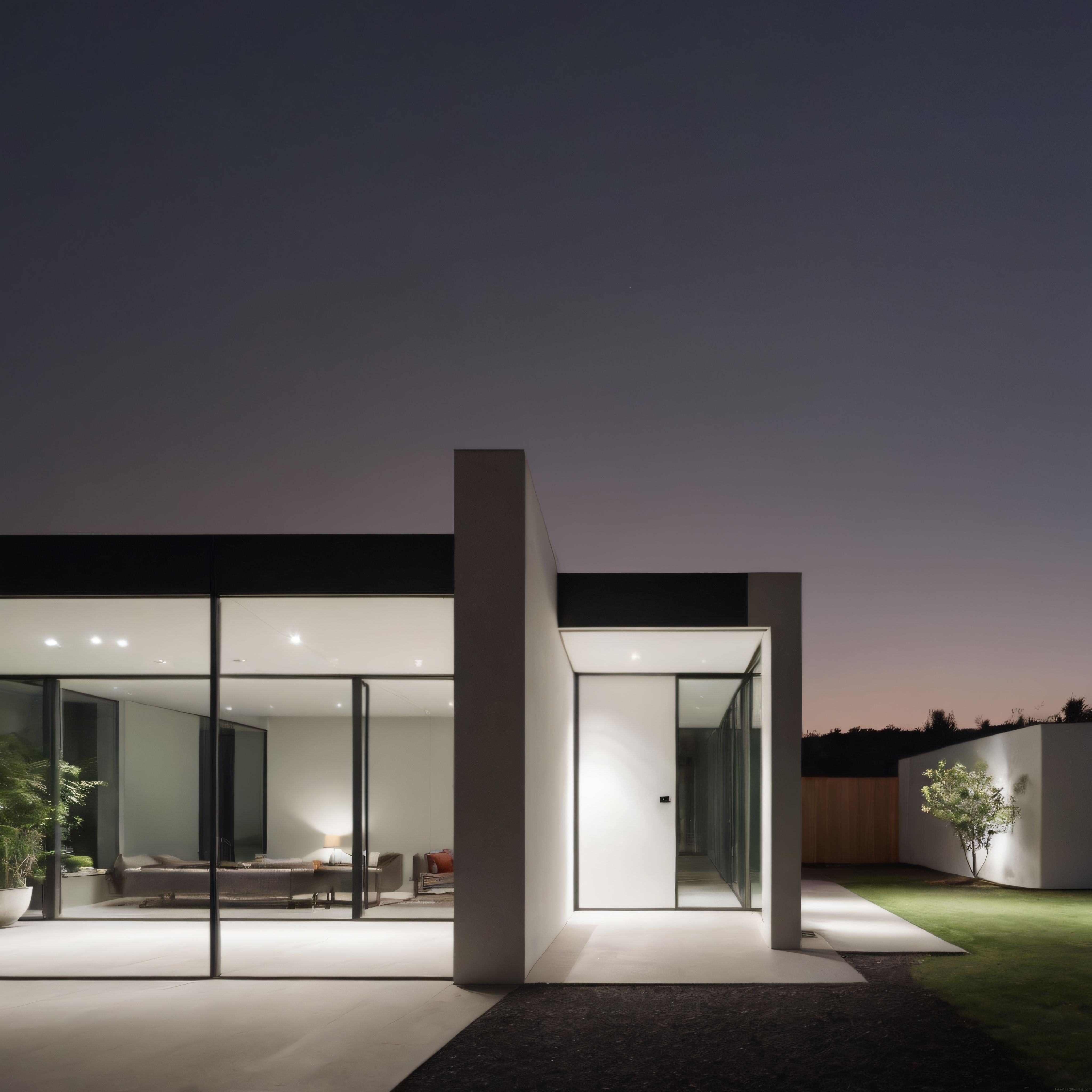 Alacakaranlıkta Modern Minimalist Cam Villa: Sıcak Işıklar ve Bahçe Tasarımı