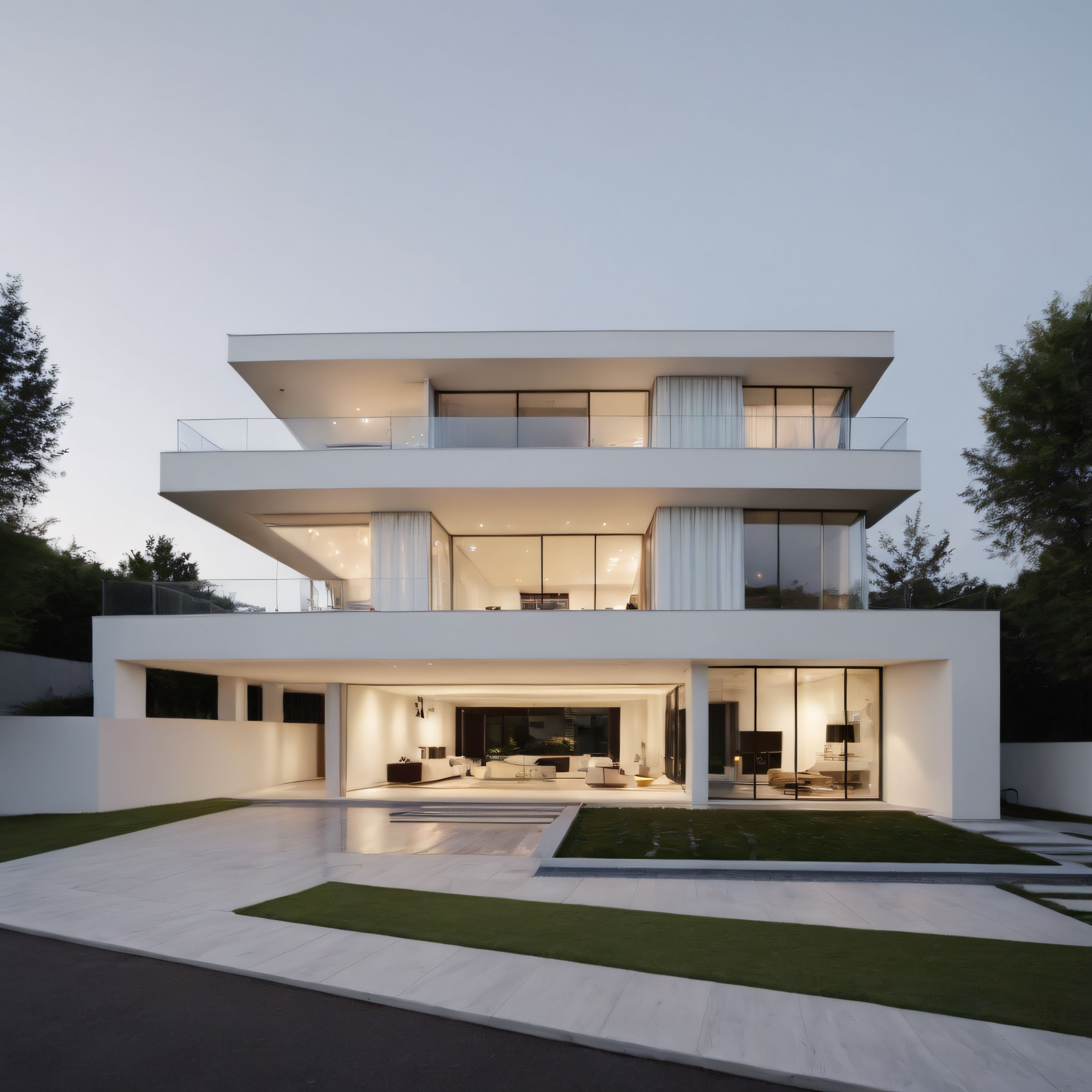Alacakaranlıkta Modern Minimalist Villa ve Geniş Cam Cepheli Lüks Konut