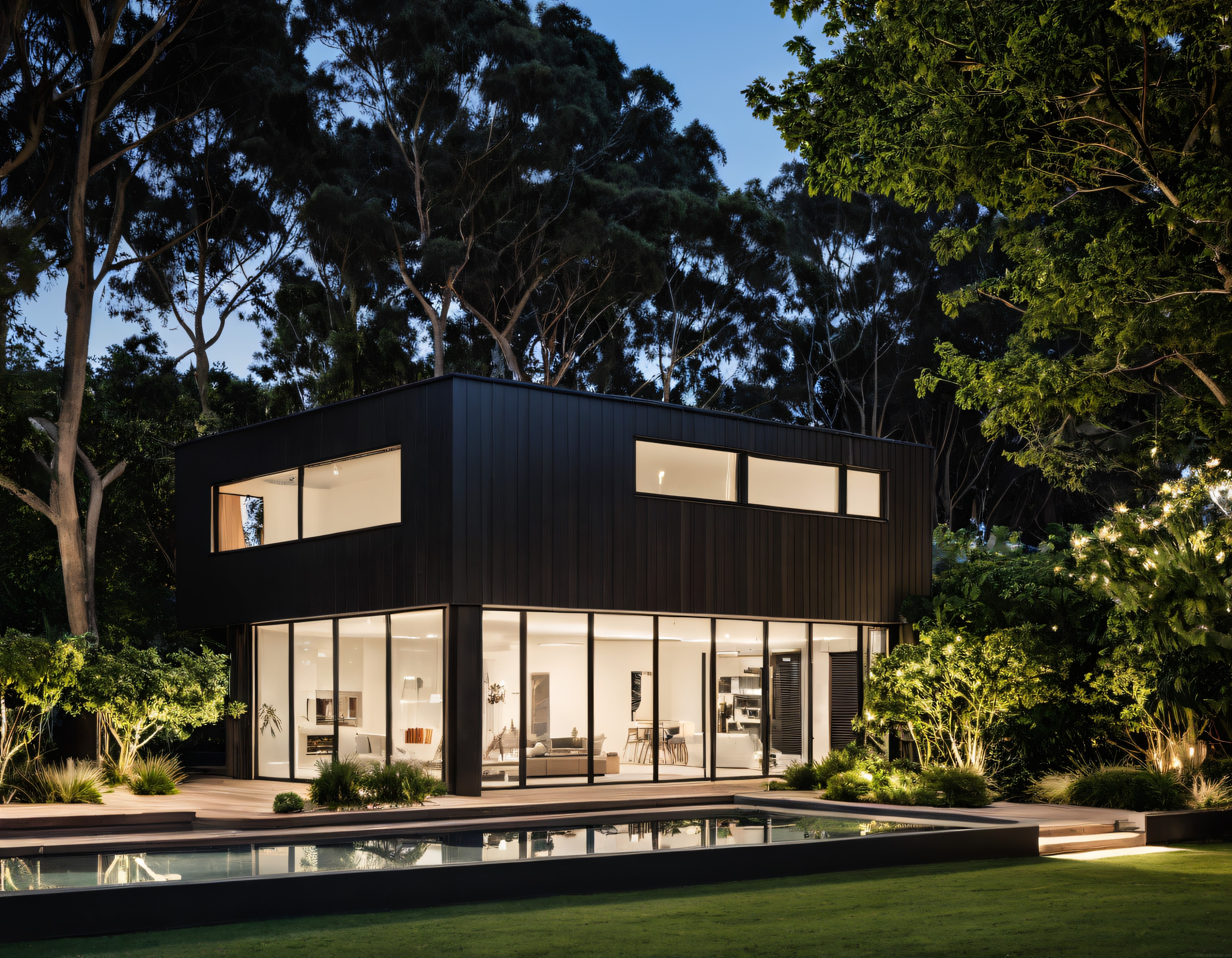 Alacakaranlıkta Orman İçinde Siyah Cepheli Modern Lüks Villa ve Havuz