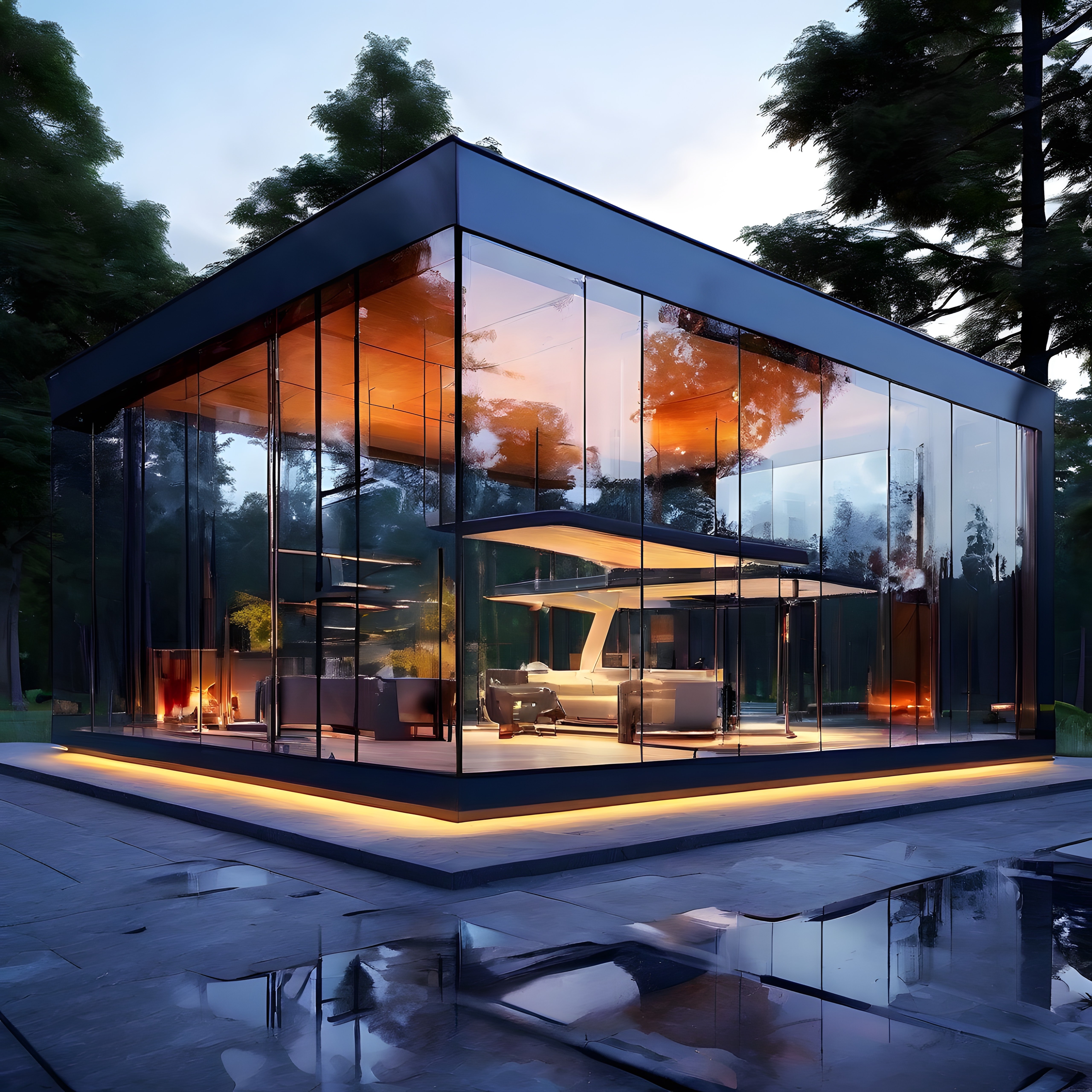 Alacakaranlıkta Ormanın İçinde Camdan Lüks Modern Mimari Villa Tasarımı