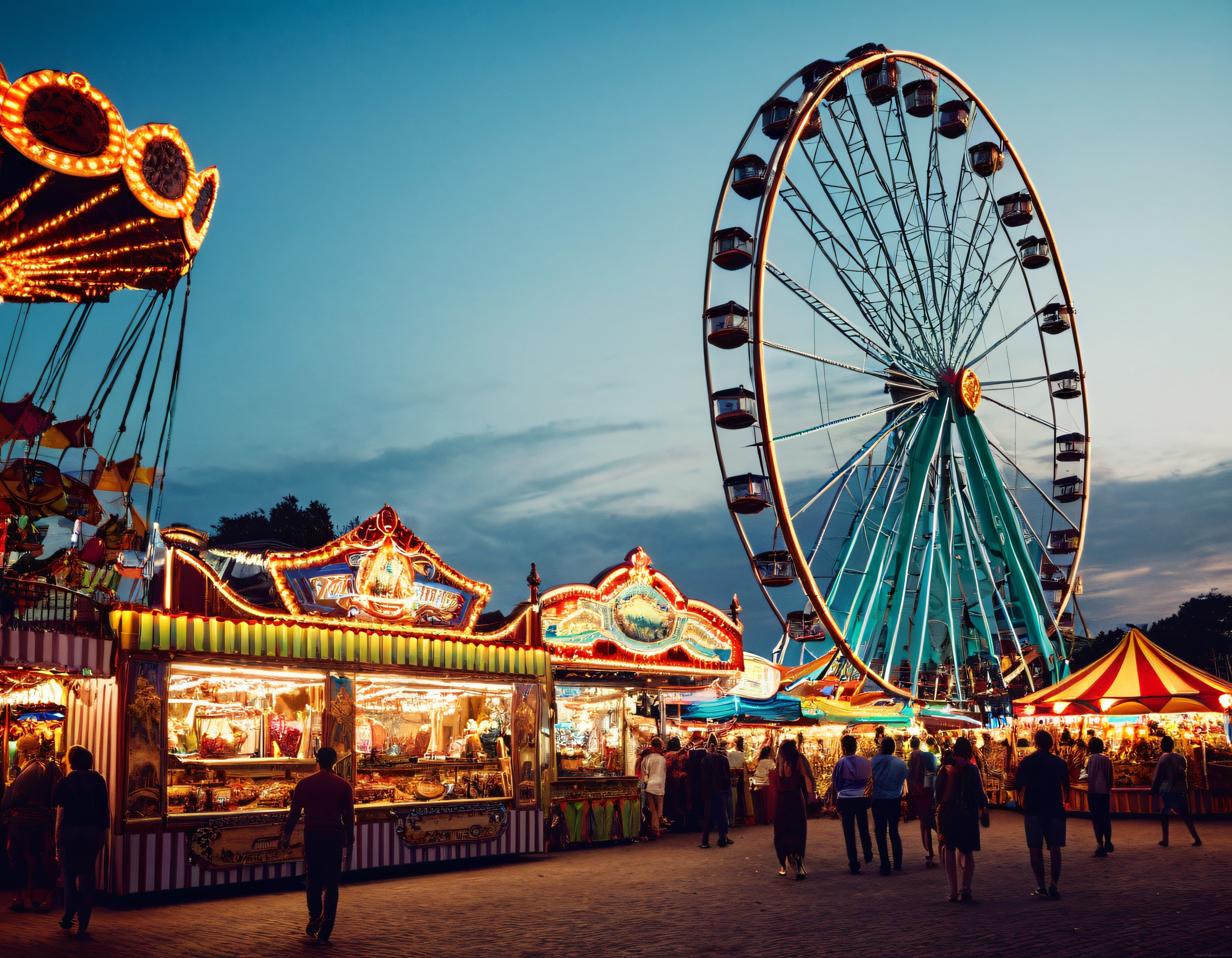 alacakaranlıkta parıldayan lunapark dönme dolabı ve renkli eğlence standları