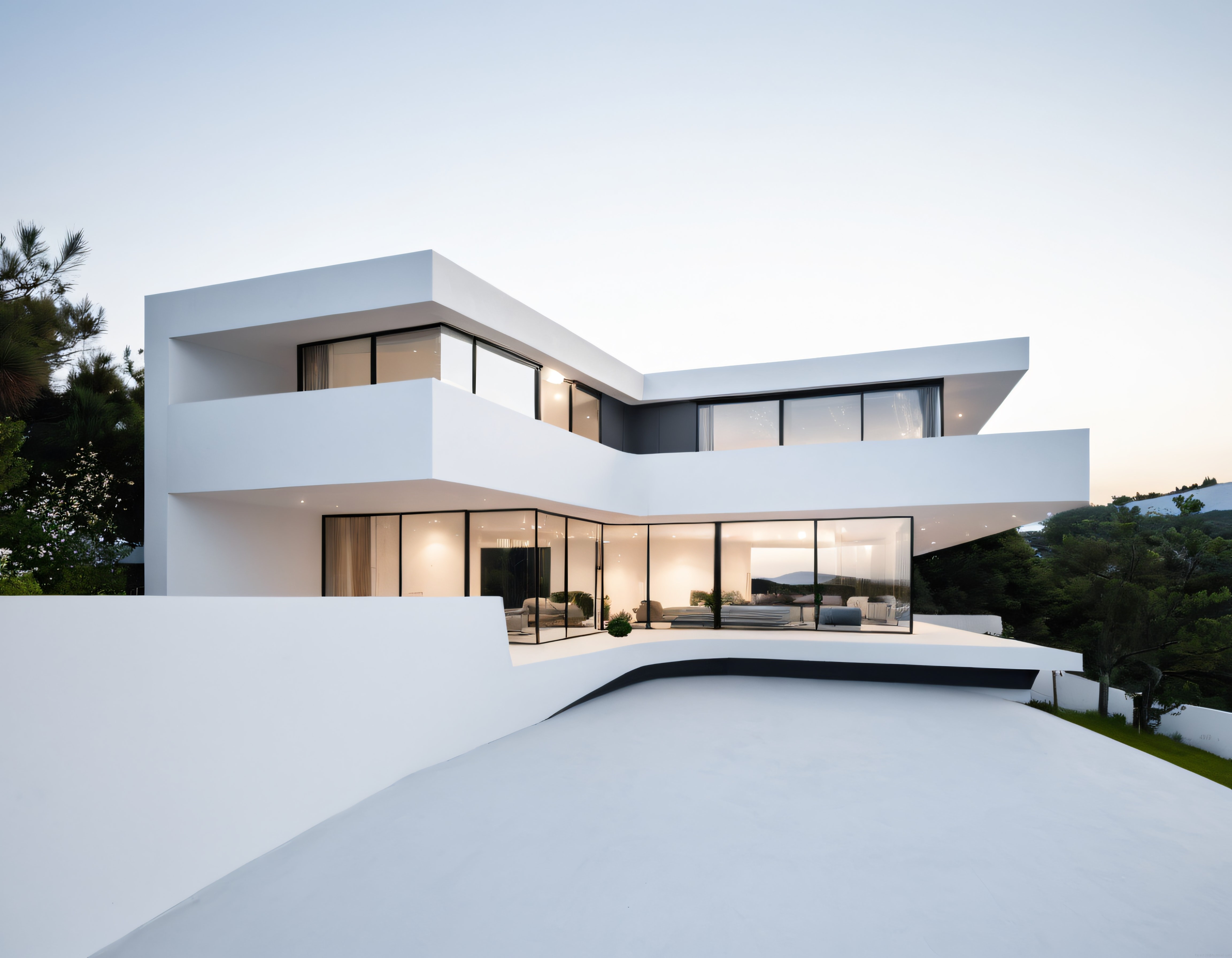 Alacakaranlıkta Parlayan Beyaz Geometrik Hatlar ve Modern Cam Villa
