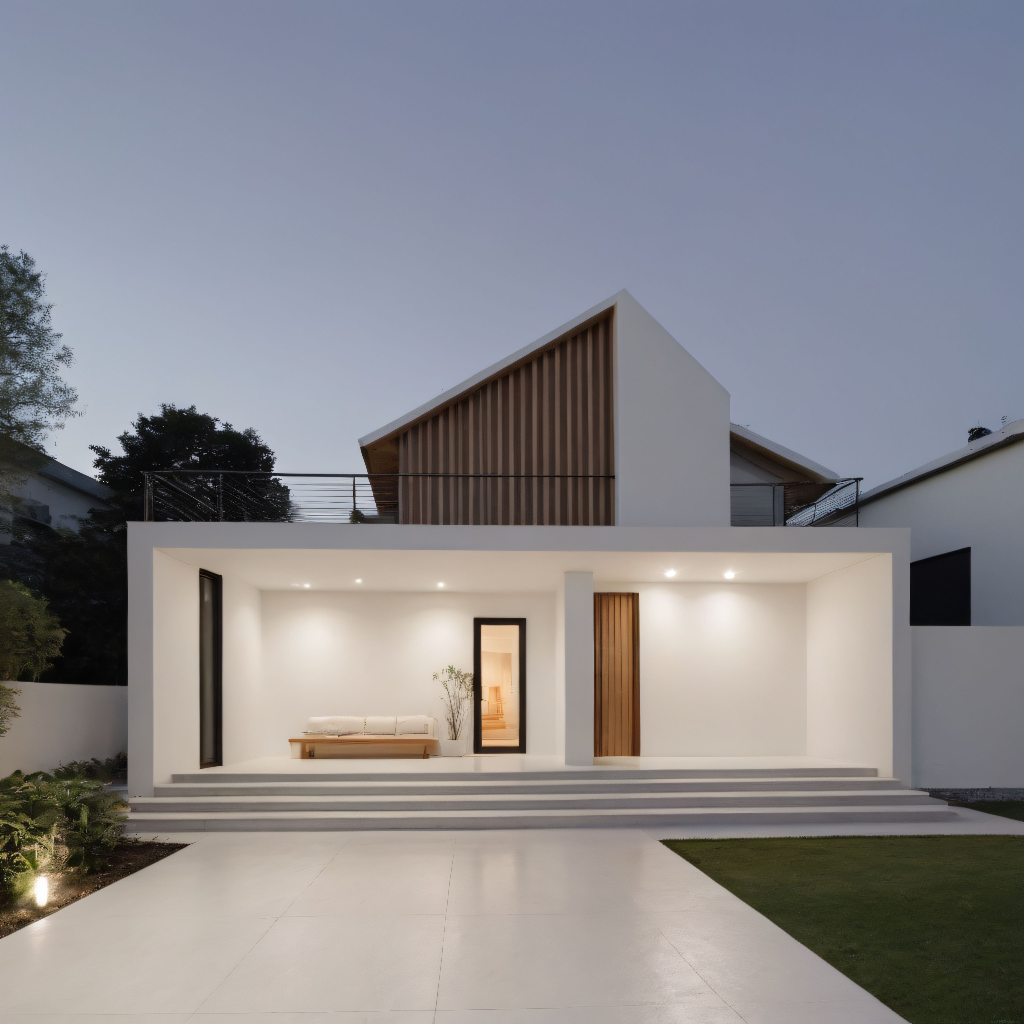Alacakaranlıkta Sıcak Işıklandırmalı Modern Minimalist Villa Cephesi