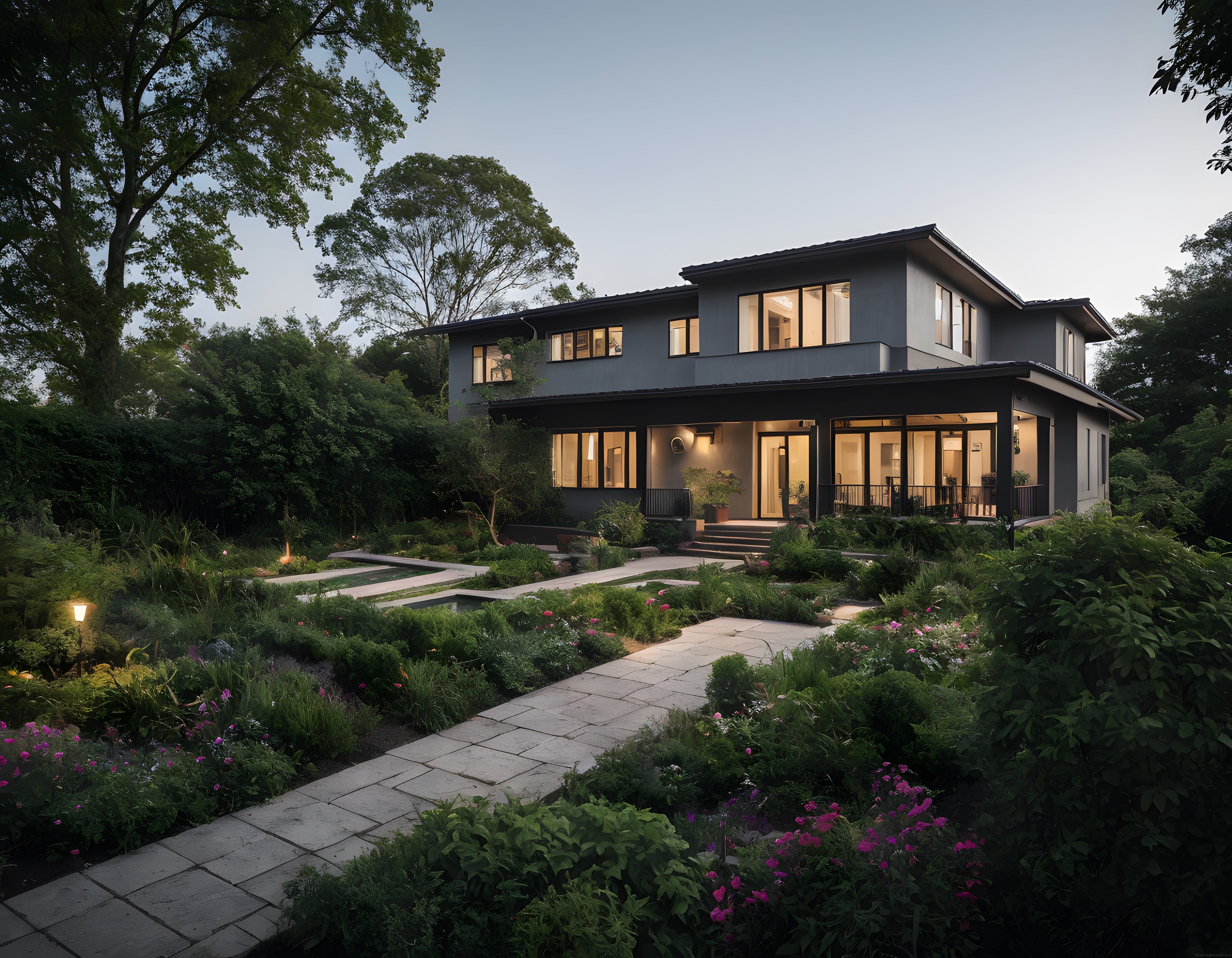 Alacakaranlıkta Yeşillikler İçinde Sıcacık Işıklı Modern Villa ve Bahçe