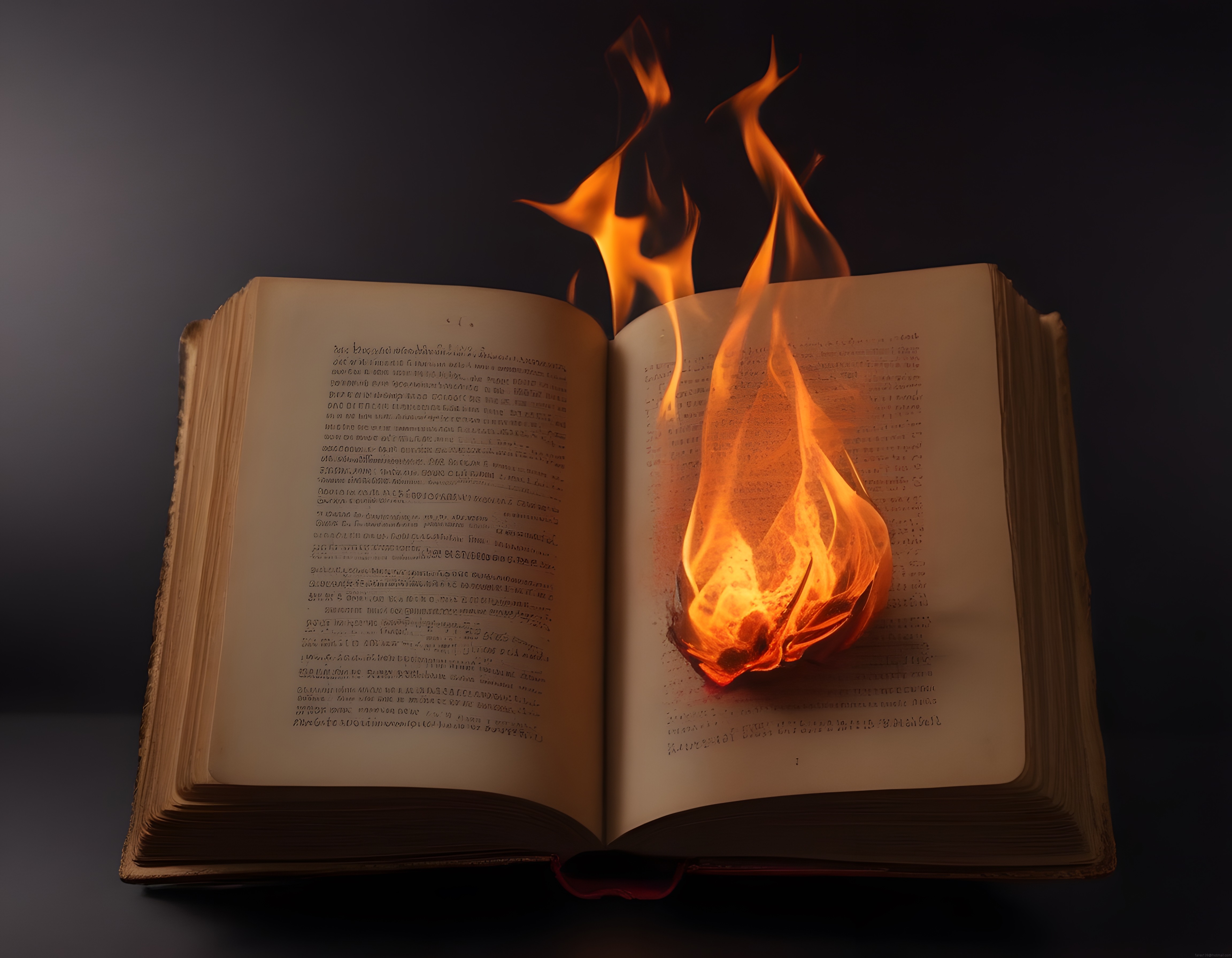 Alevler içinde yanan eski bir kitap, koyu arka planda duran sayfalar