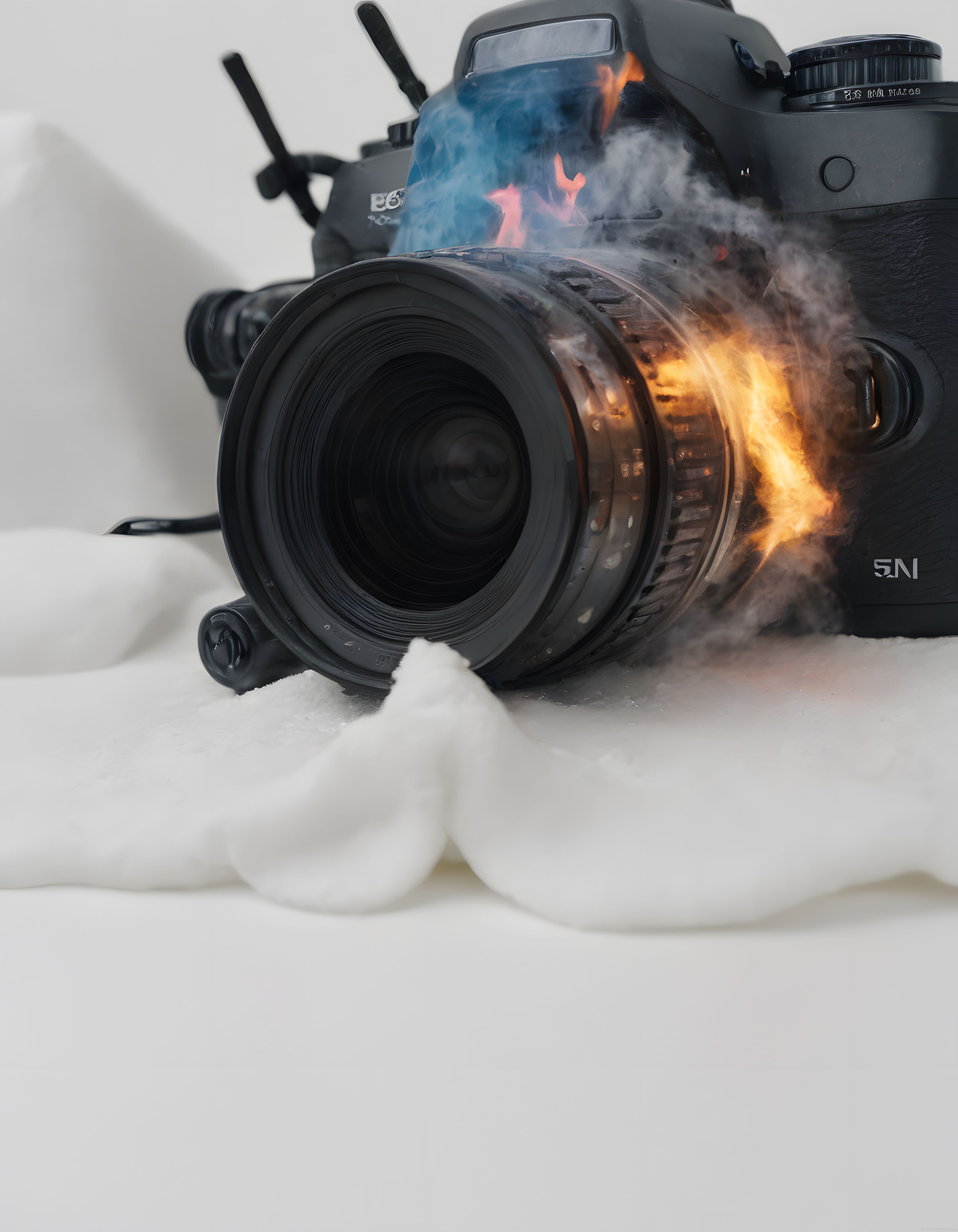 Alevler İçindeki Profesyonel Fotoğraf Makinesi ve Yanan Lens Detayı