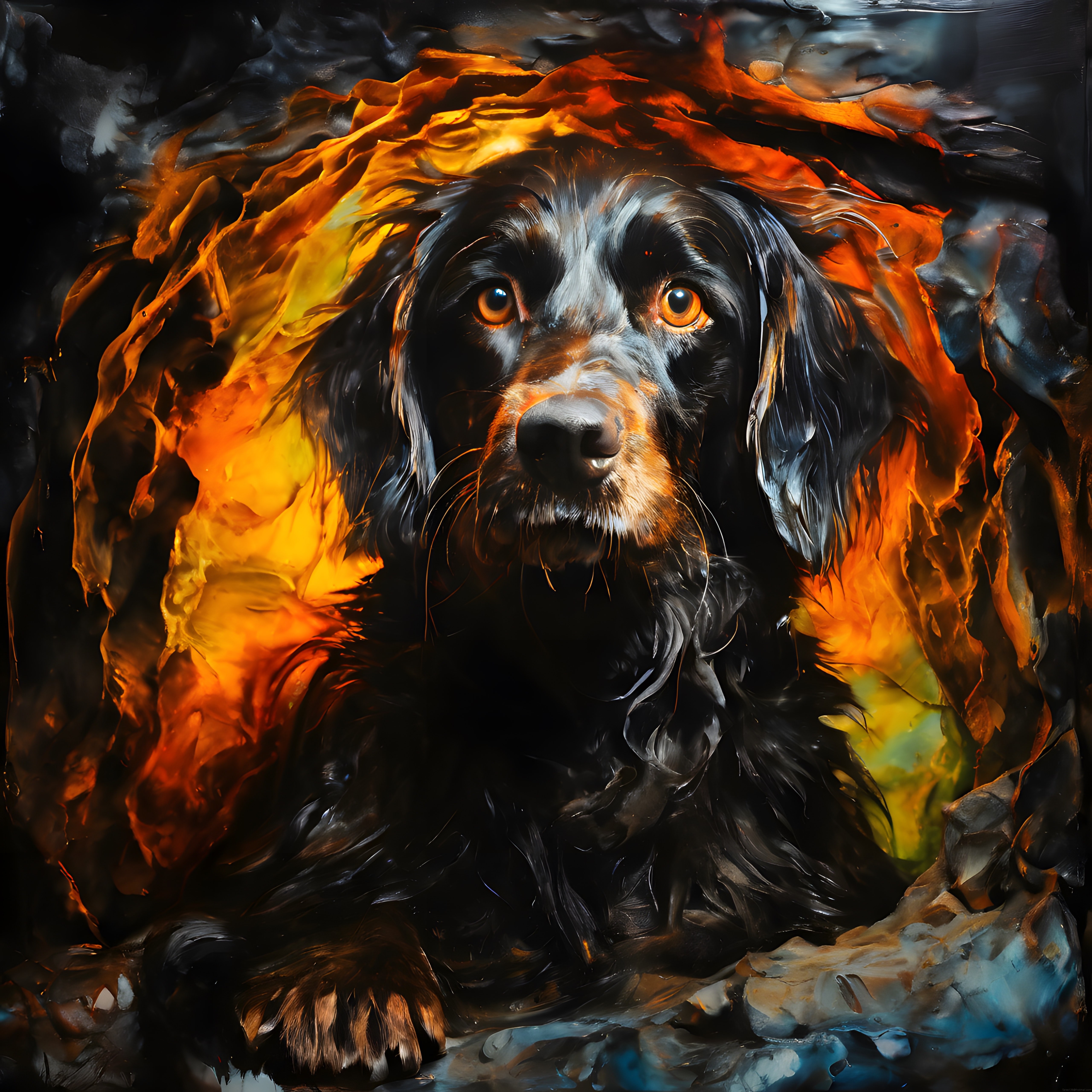 Alevlerle Çevrili Siyah Köpeğin Etkileyici Dijital Sanat Portresi