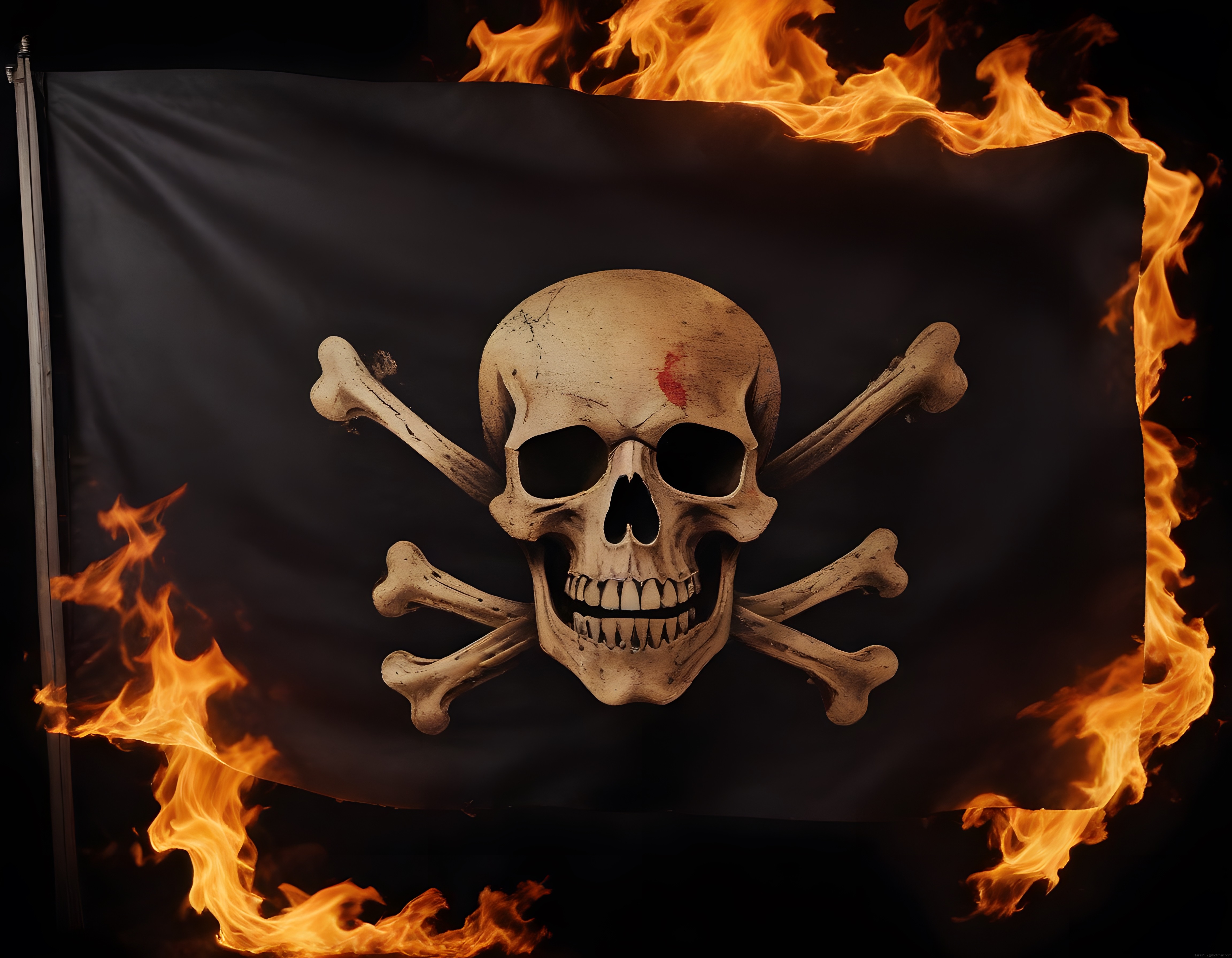 Alevlerle Çevrili Yanan Siyah Jolly Roger Korsan Bayrağı ve Kurukafa Motifi