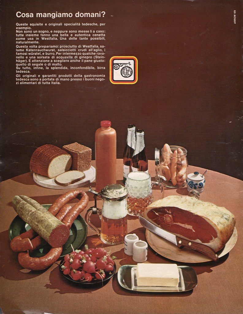 Alman mutfağından şarküteri lezzetleri ve bira sunan retro dergi sayfası