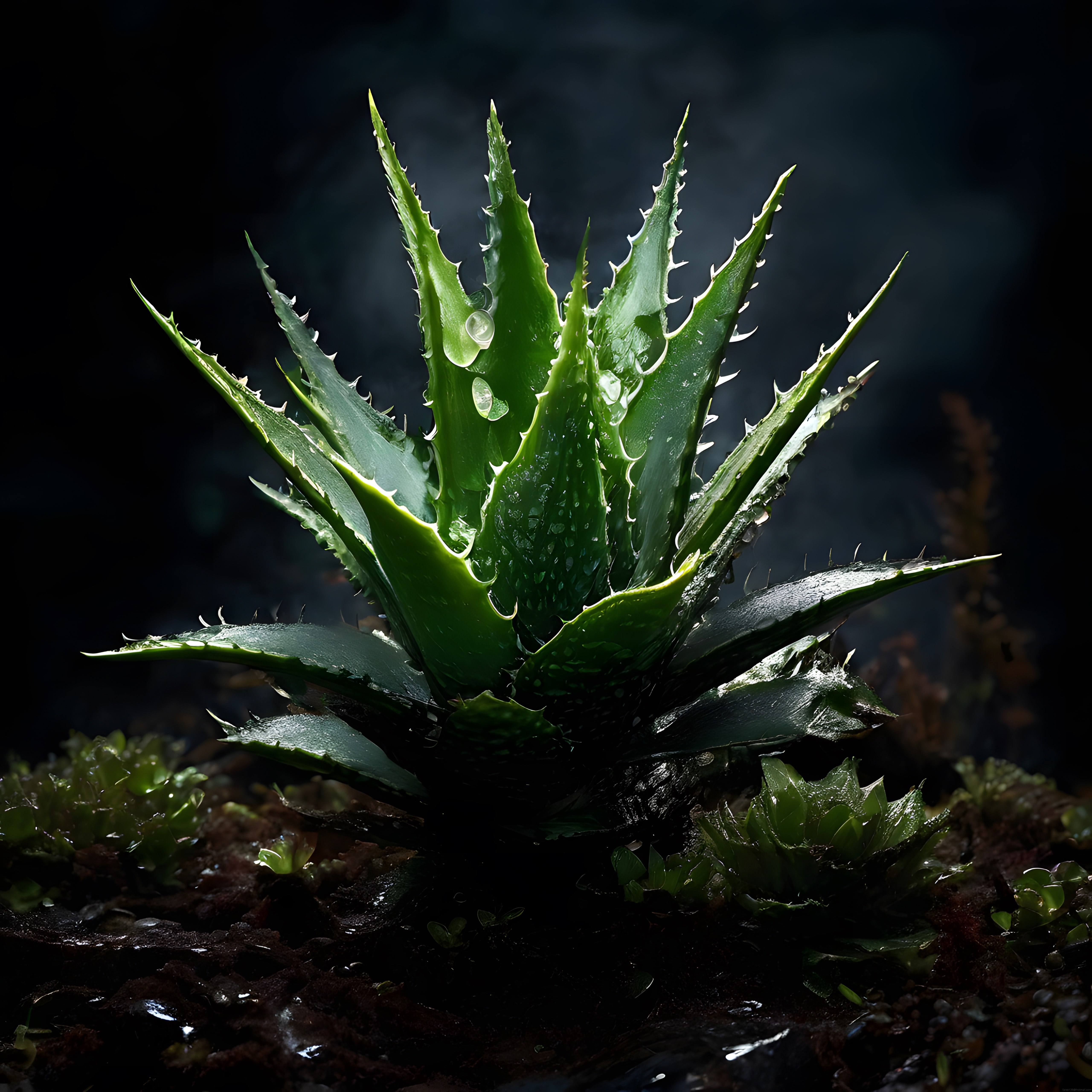 Aloe Vera Makro: Nemli Orman Zemininde Işıl Işıl Yapraklar ve Damlacıklar