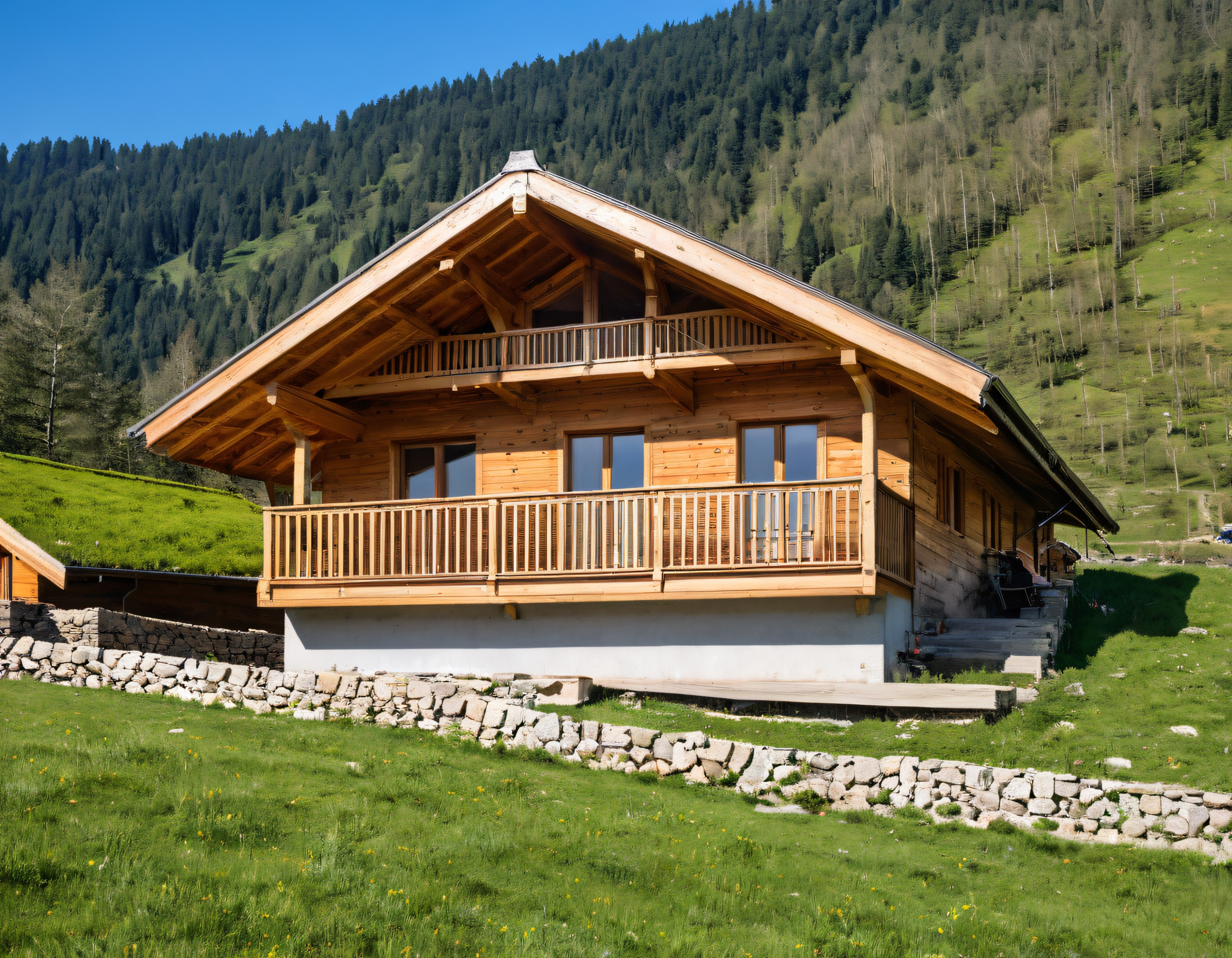 Alp Dağları Stilinde Doğal Ahşap Chalet ve Yemyeşil Orman Manzarası