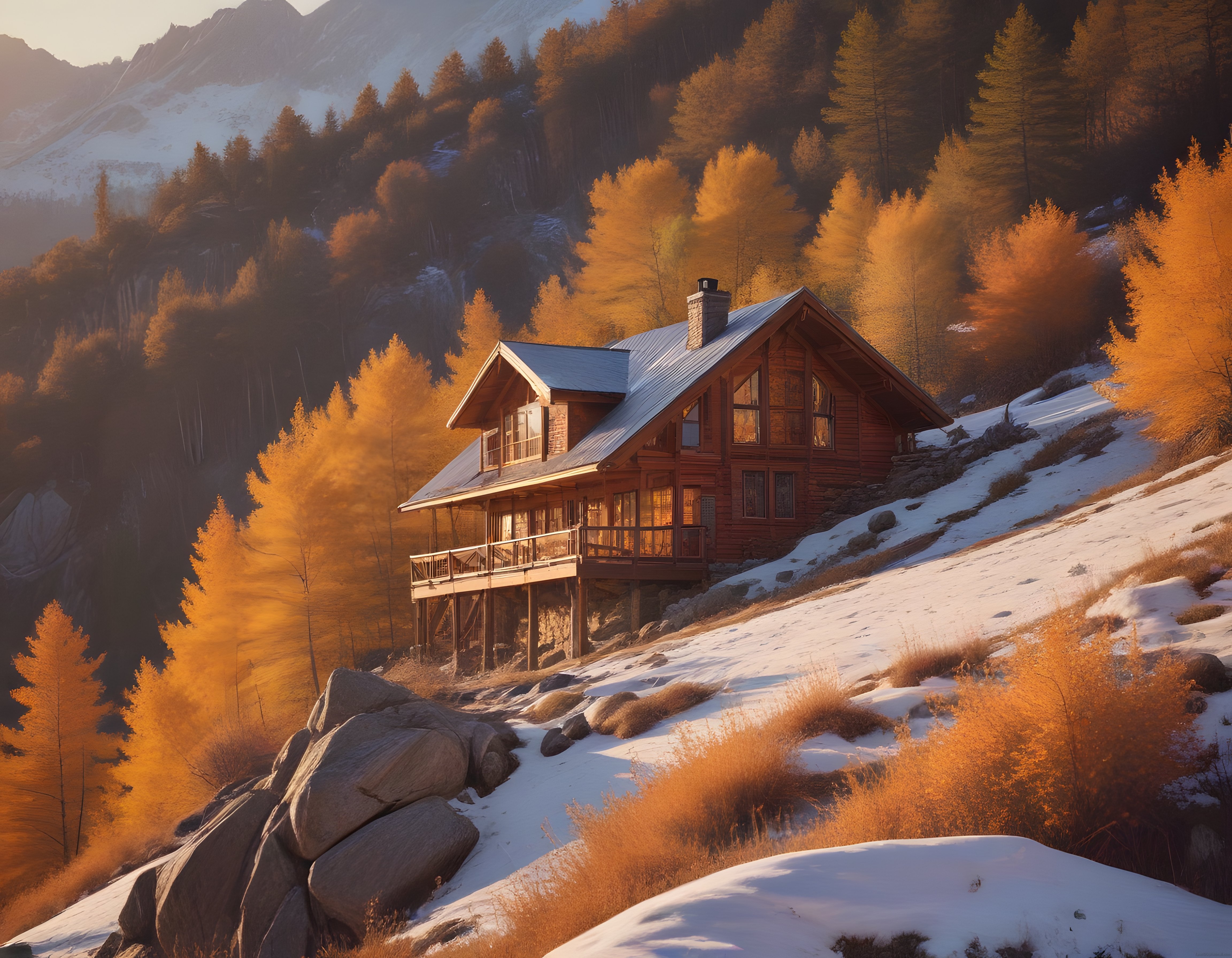 Alp Dağlarında Kar ve Sonbaharın Buluştuğu Ahşap Chalet Manzarası