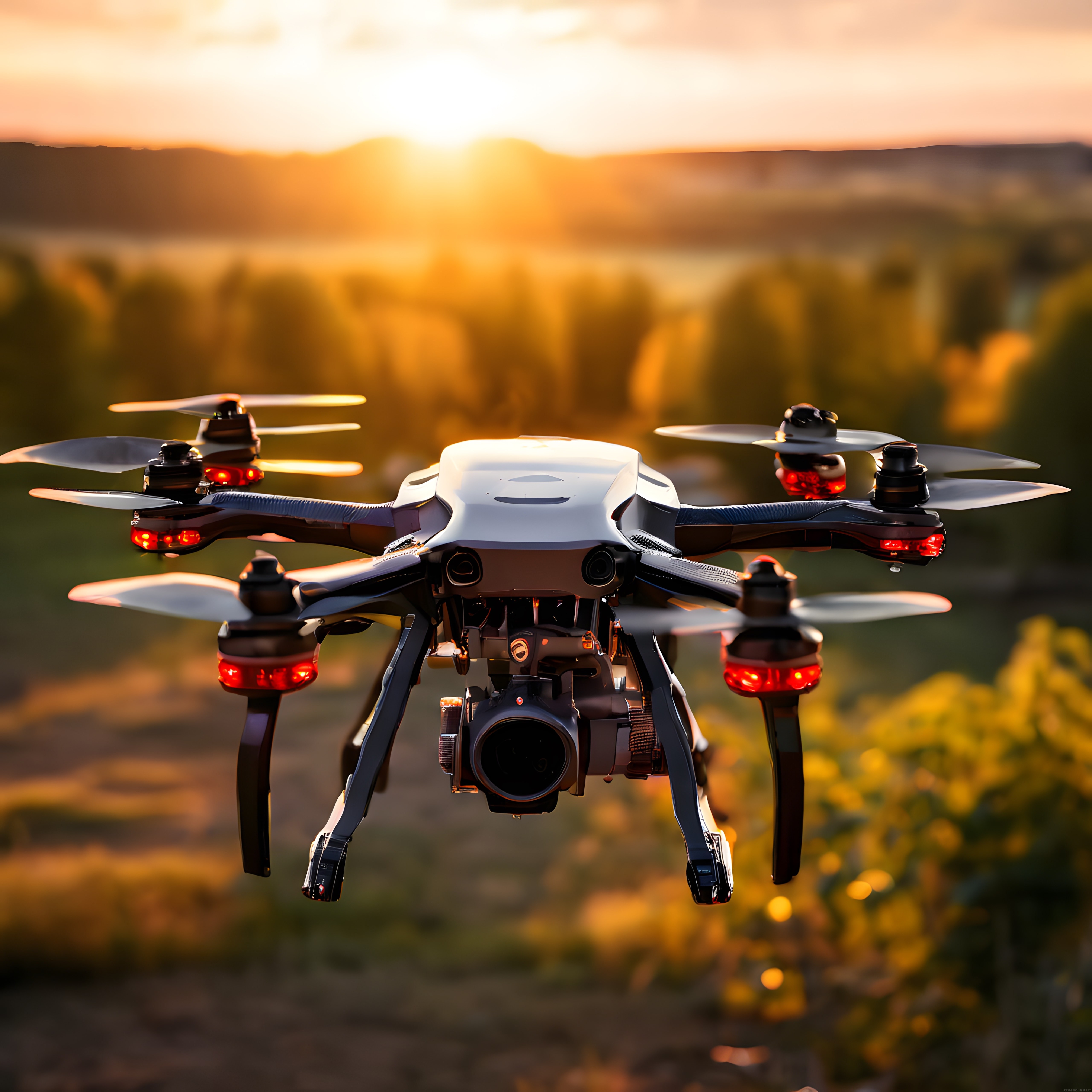 Altı pervaneli profesyonel kamera drone'u altın saat ışığında uçarken
