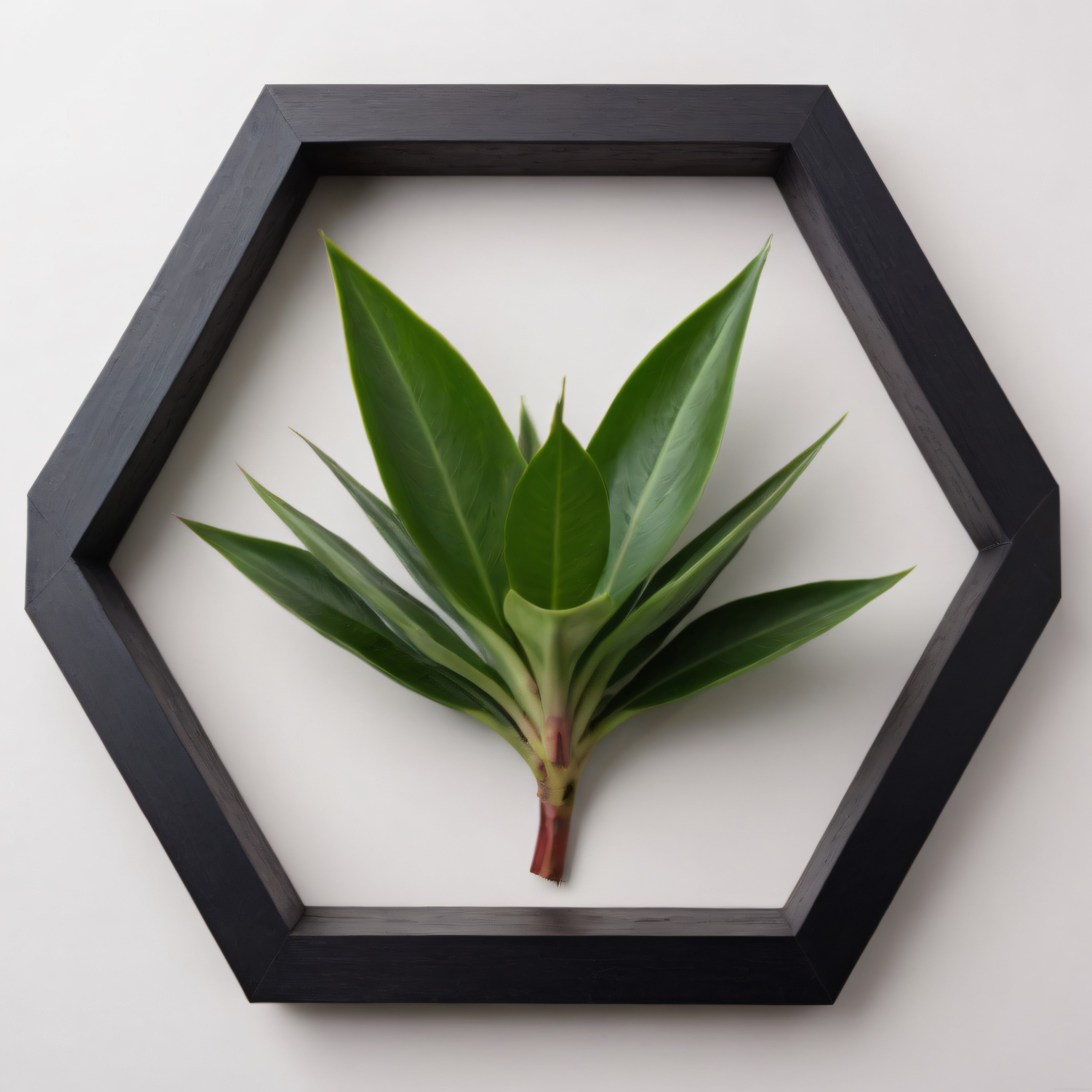 Altıgen siyah çerçevede sergilenen canlı yeşil bitki ile modern minimal iç mekan duvar dekoru