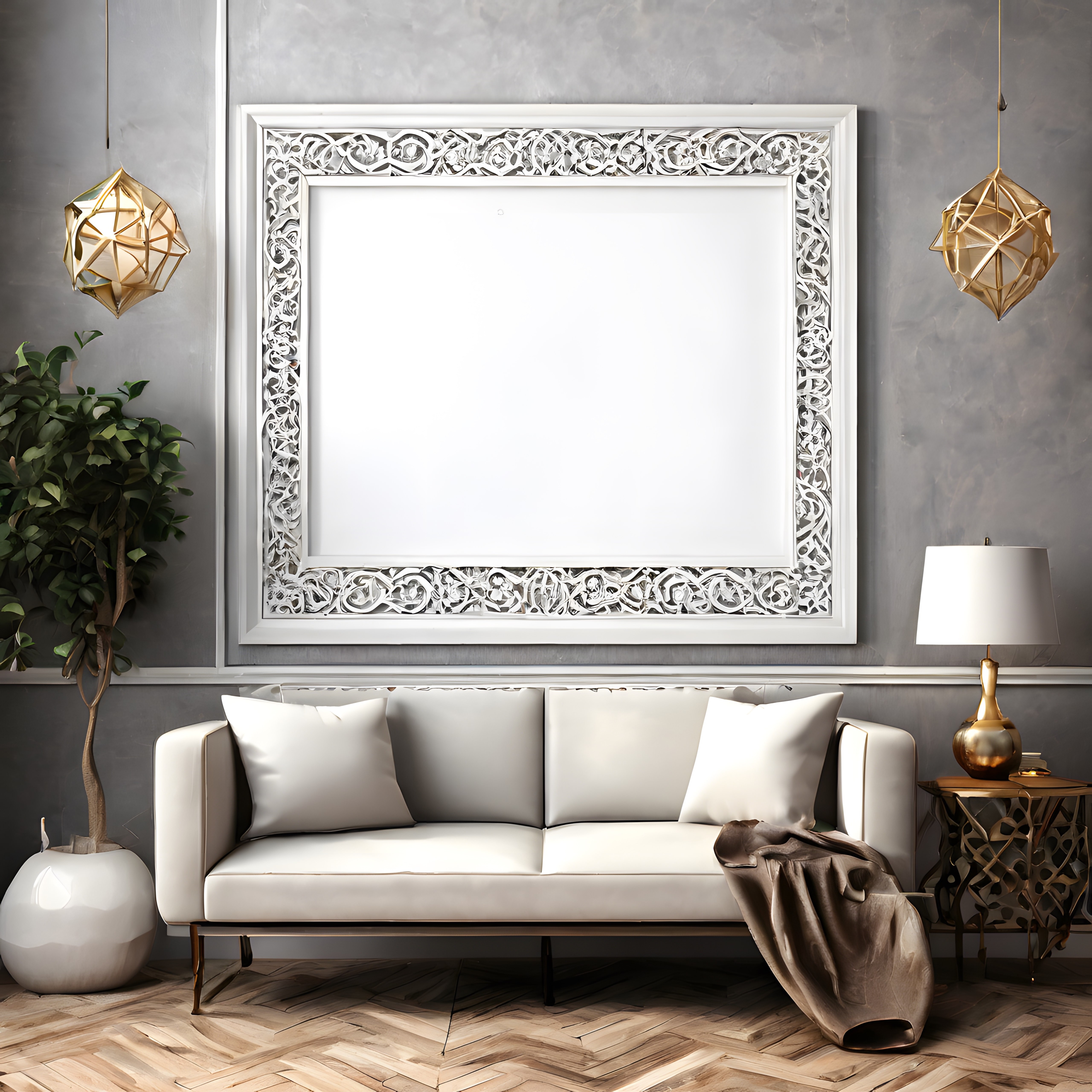 Altın Aksesuarlı Modern Salon Dekorasyonu ve Boş Çerçeve Tasarımı