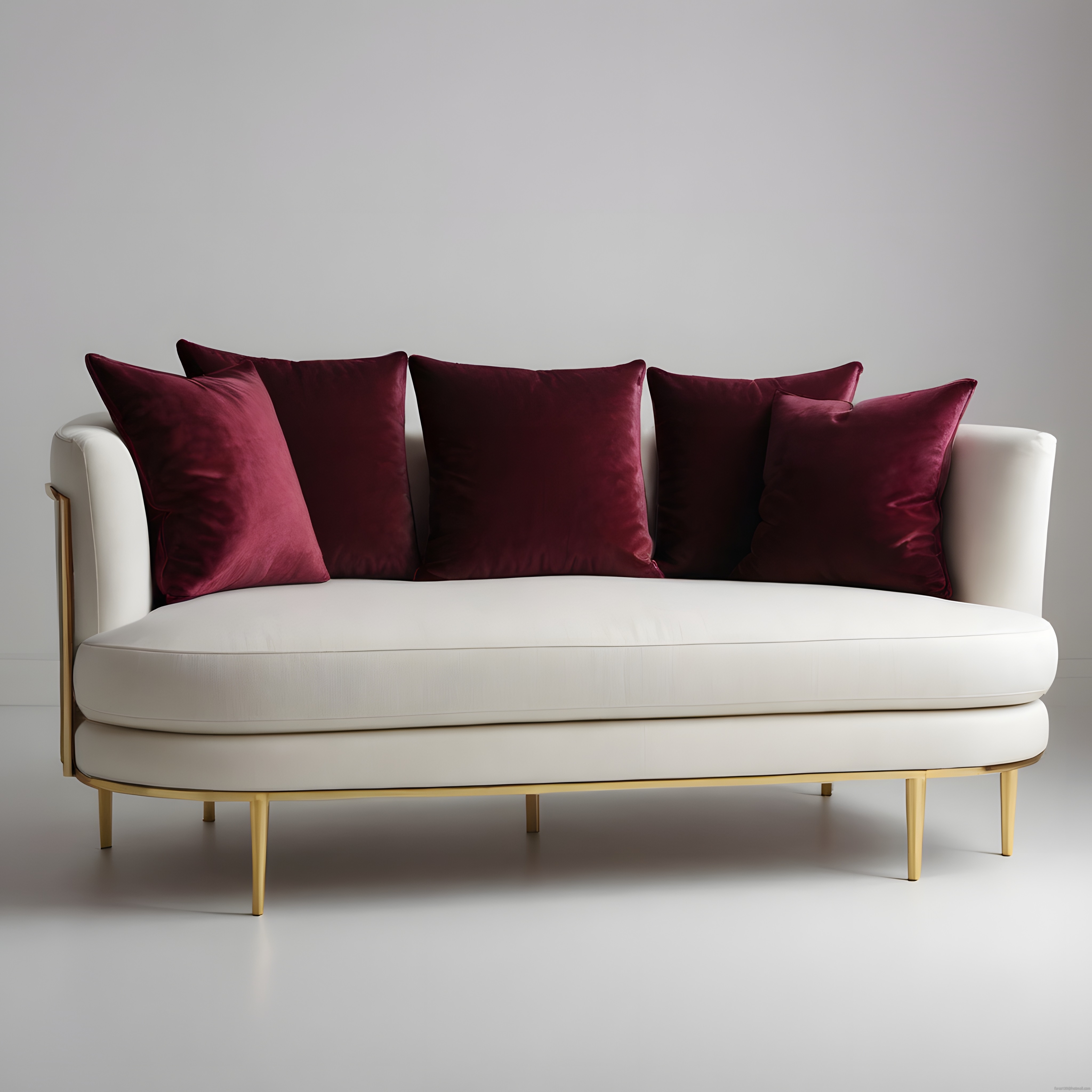 Altın Ayaklı Modern Beyaz Kanepe ve Bordo Yastıklarla Şık Salon Dekoru
