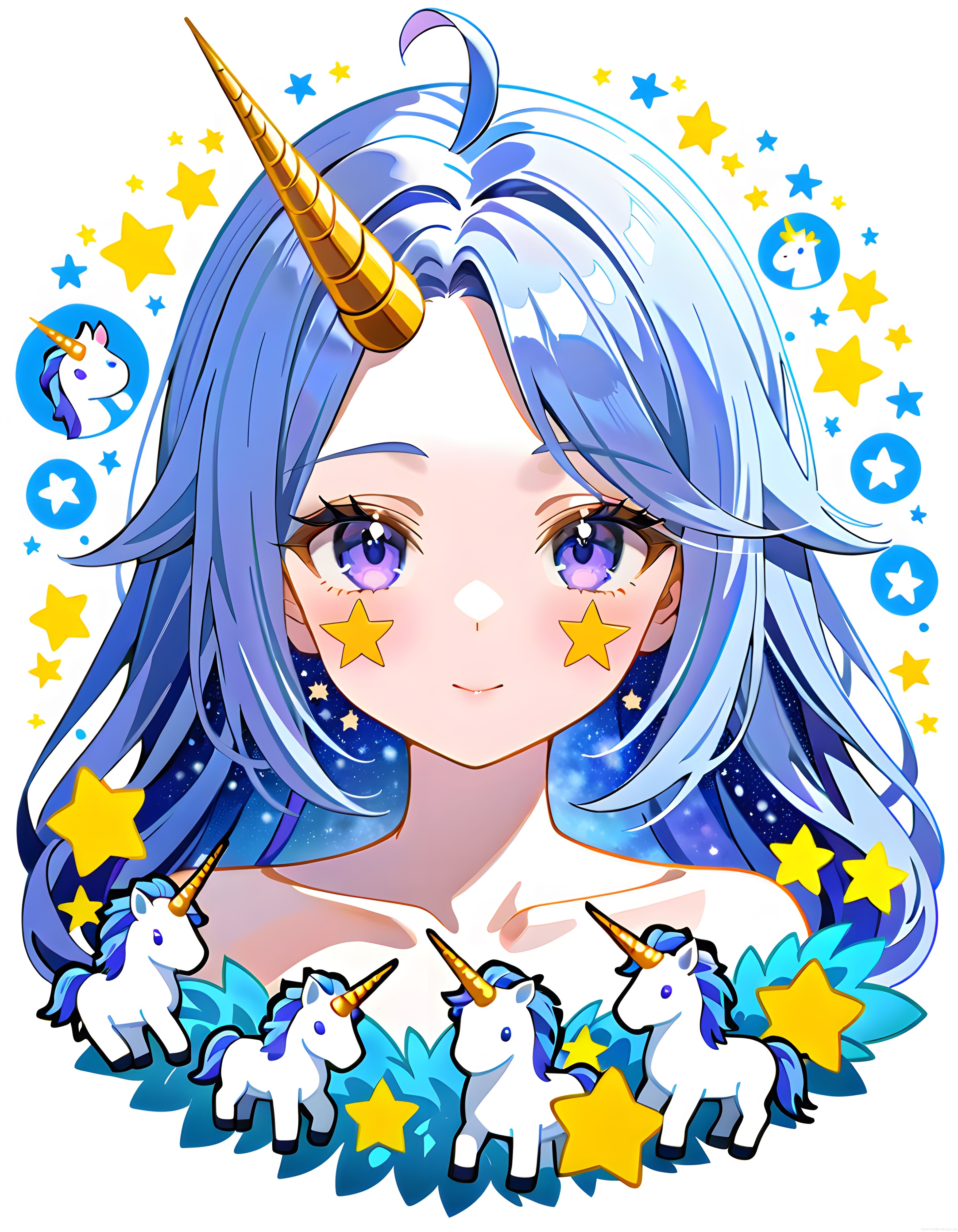 Altın Boynuzlu Anime Kız ve Sevimli Unicornların Yıldızlı Rüya Alemi