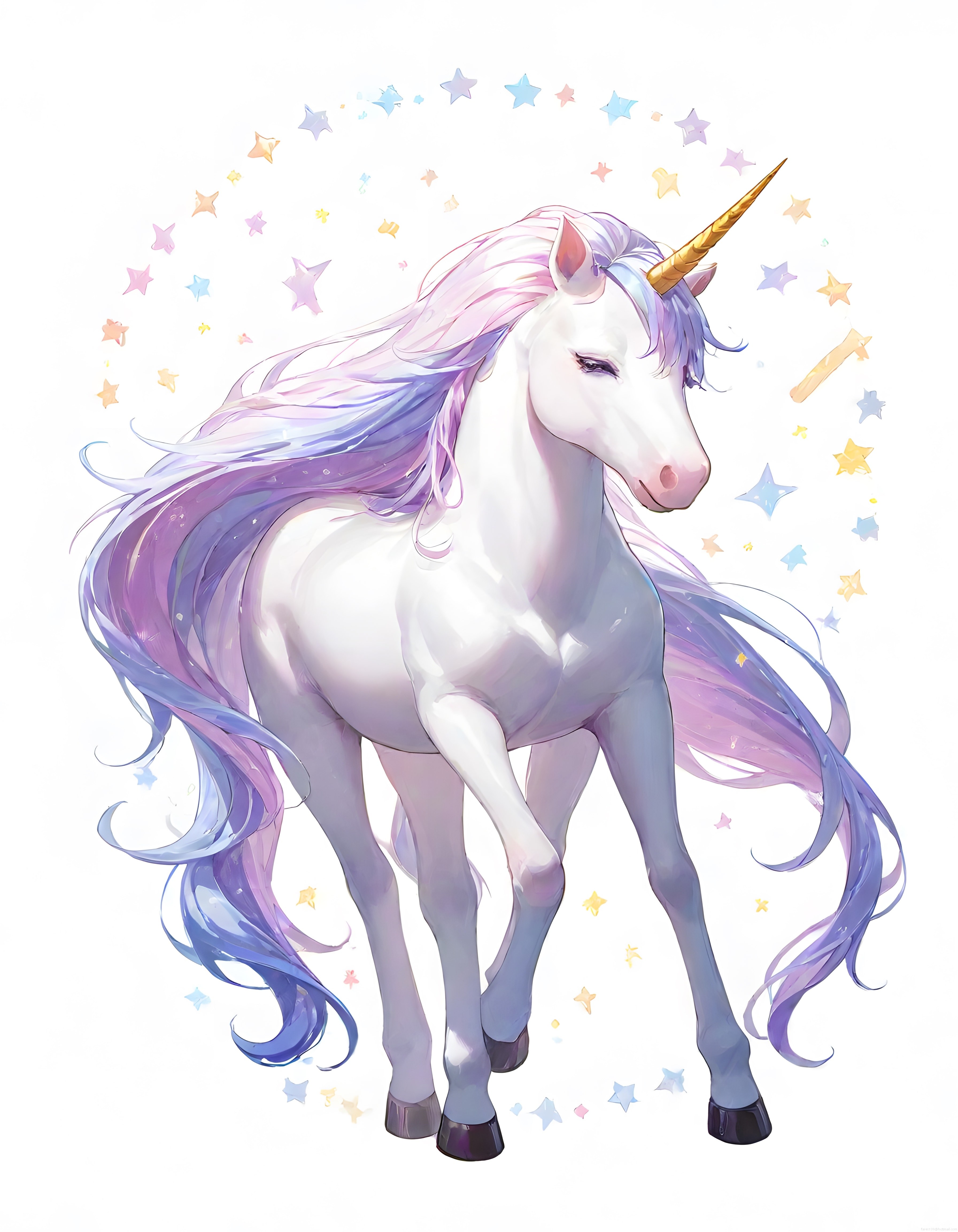 Altın Boynuzlu Beyaz Unicorn ve Pastel Yeleli Masalsı Dijital Sanat Eseri
