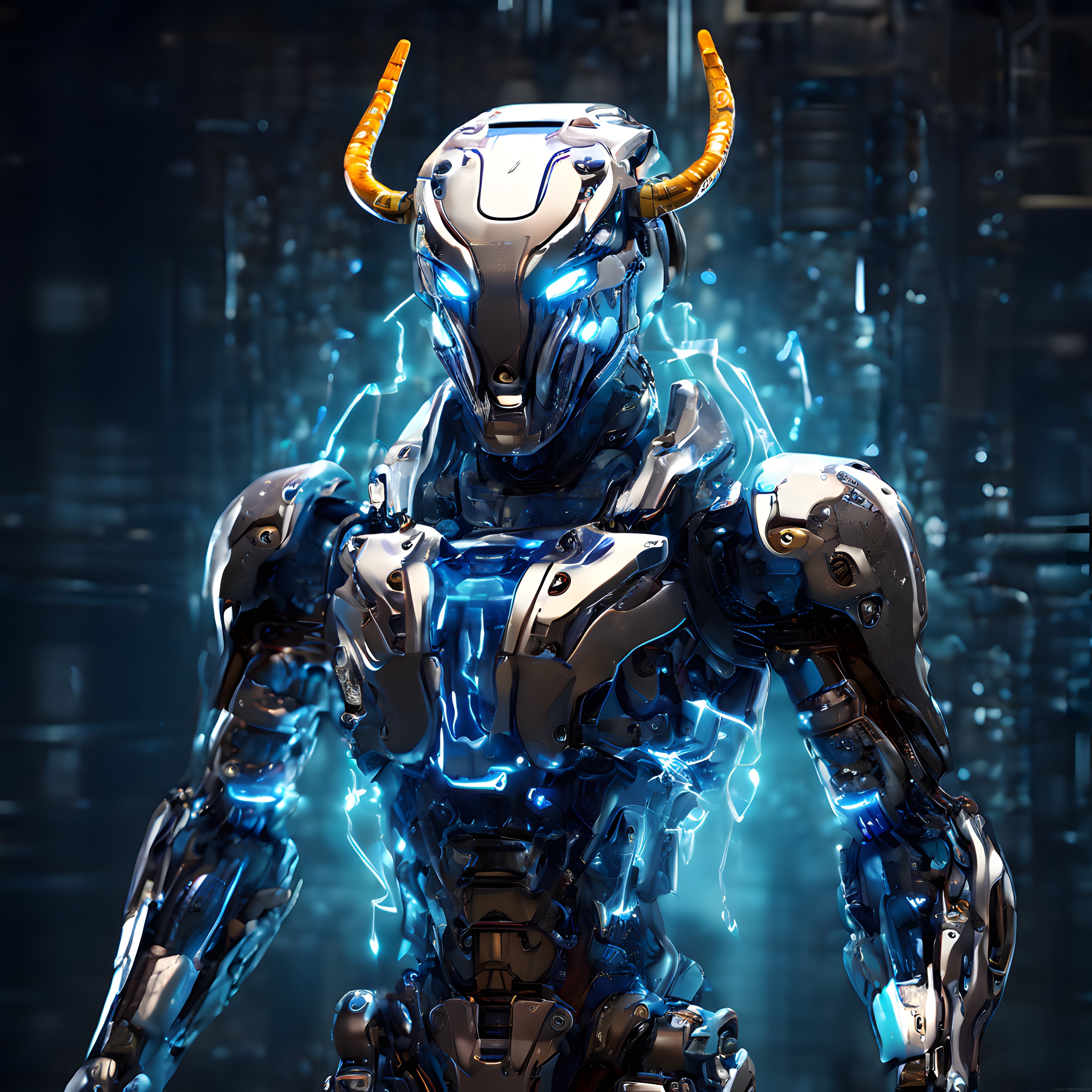 Altın Boynuzlu Boğa Robot: Geleceğin Mavi Enerjili Cyberpunk Savaşçısı