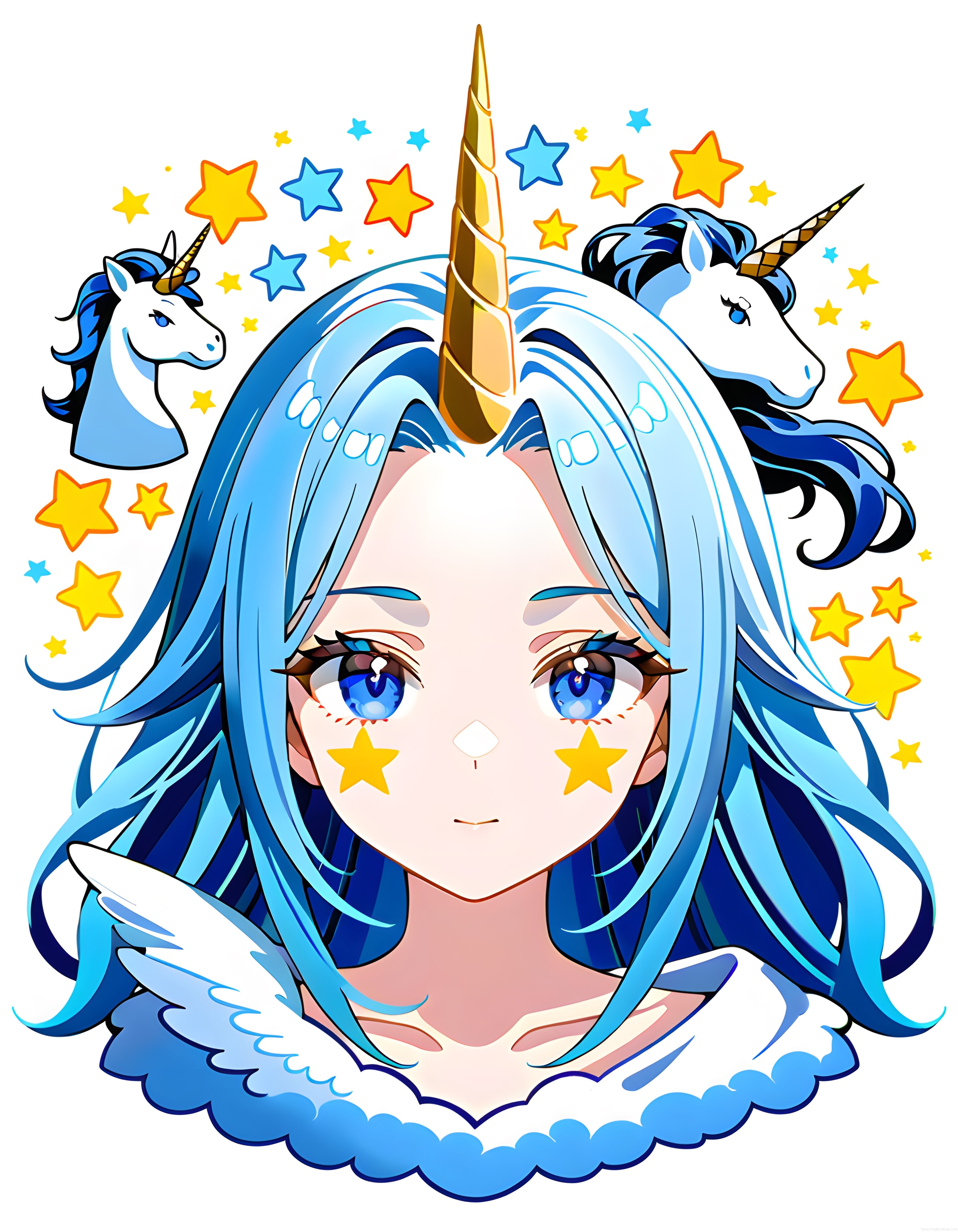 Altın boynuzlu mavi saçlı unicorn kızın yıldızlarla süslü anime portresi