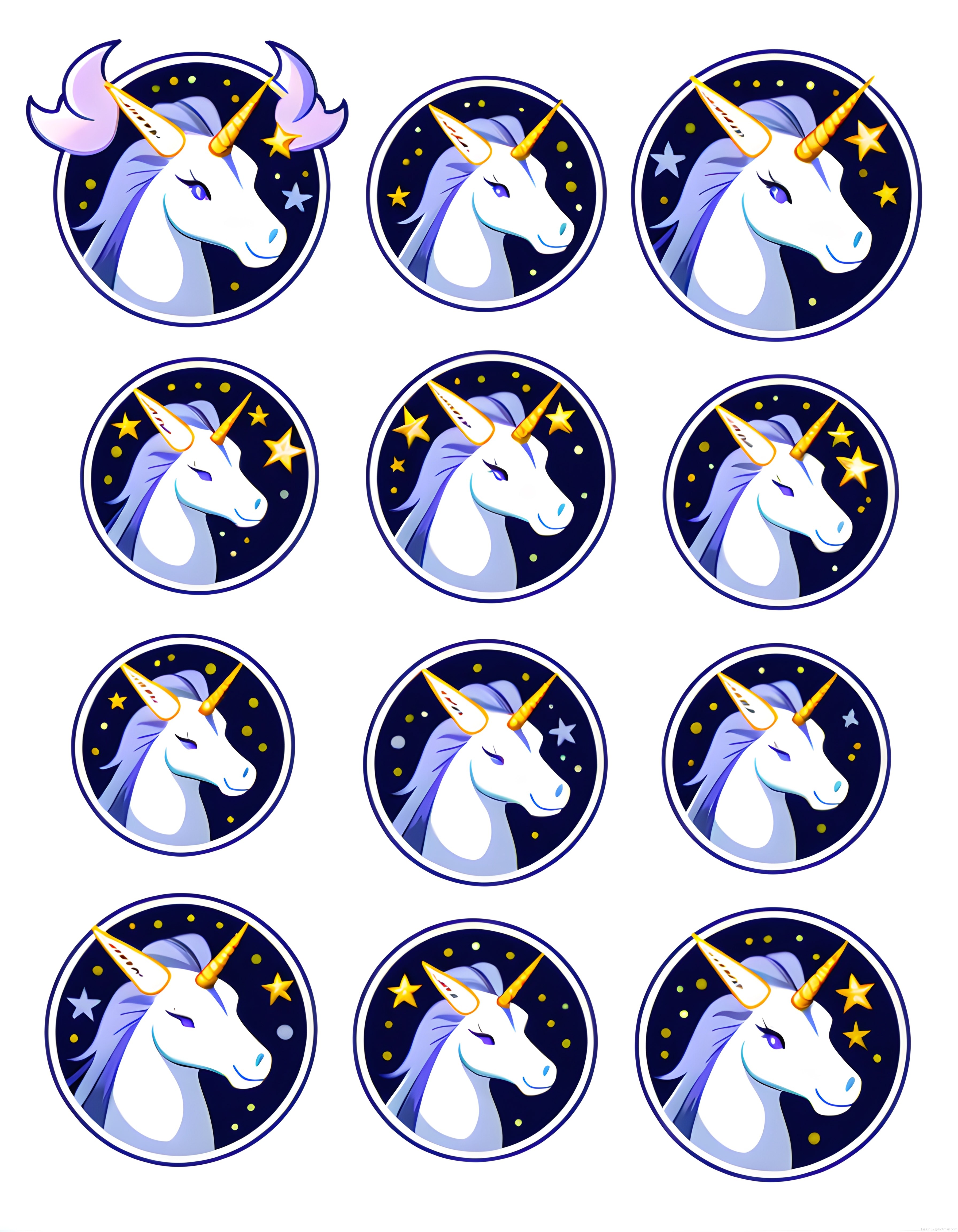 Altın Boynuzlu Mistik Unicorn Başları ve Yıldızlı Gece Temalı İllüstrasyon Seti